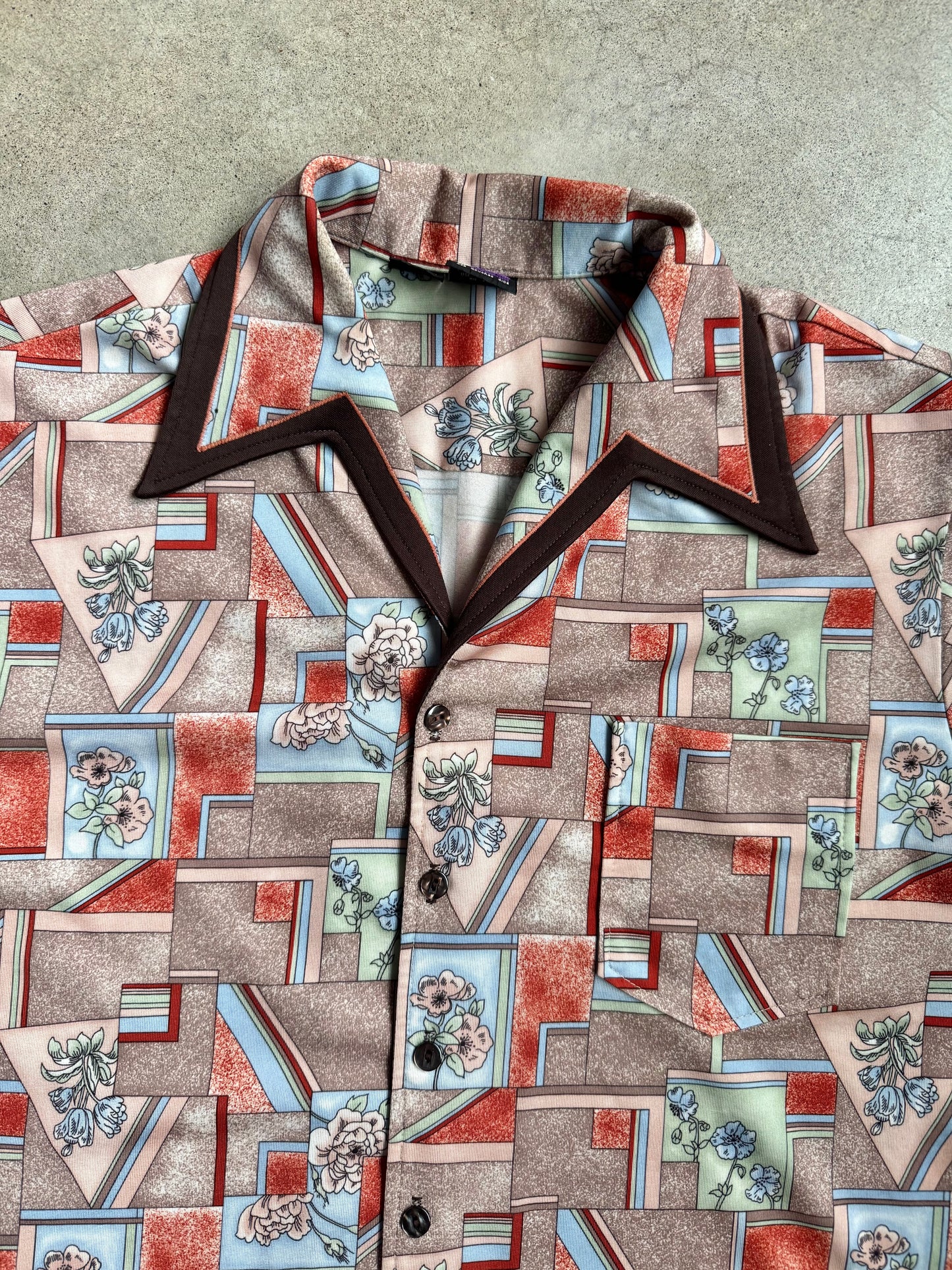 Vintage 1970s Joel Cal-Made Geometric Floral Short Sleeve Shirt | Large