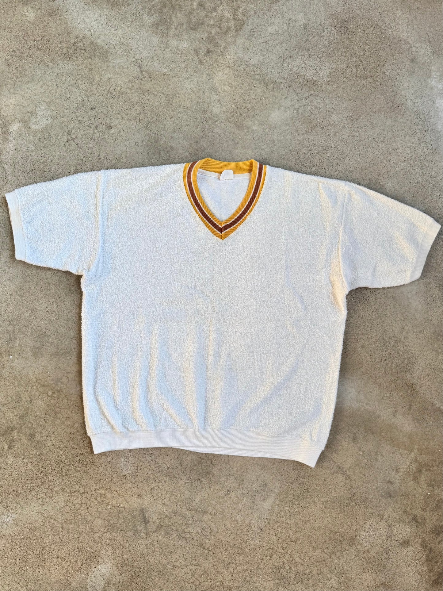 Vintage 1970s JCPenney White & Yellow Stripe Terrycloth V-Neck Shirt | Large