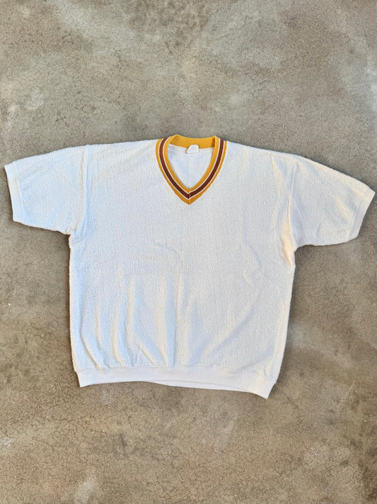 Vintage 1970s JCPenney White & Yellow Stripe Terrycloth V-Neck Shirt | Large