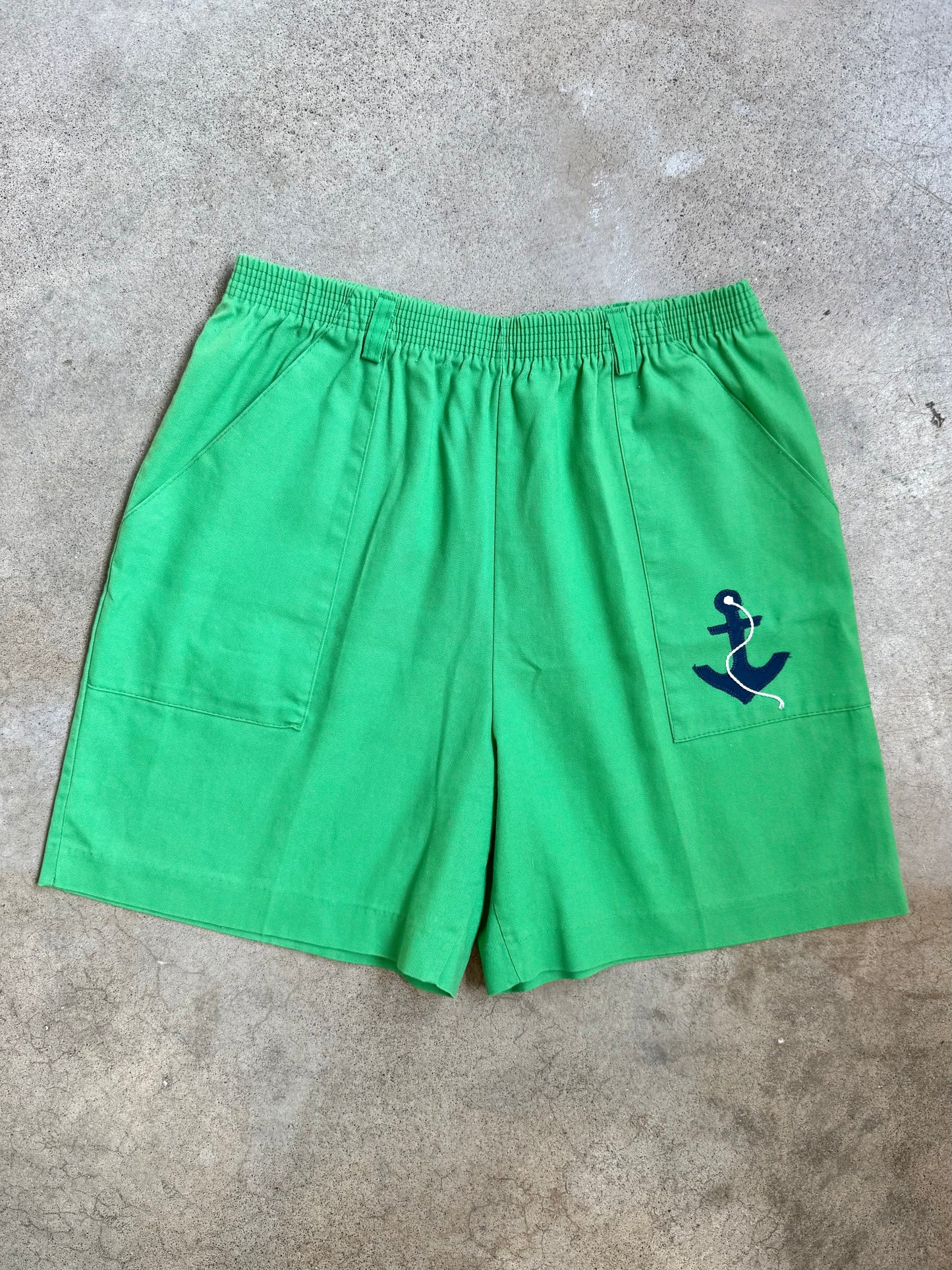 Vintage 1970s Green & Navy Anchor Patch Summer Shorts | Medium
