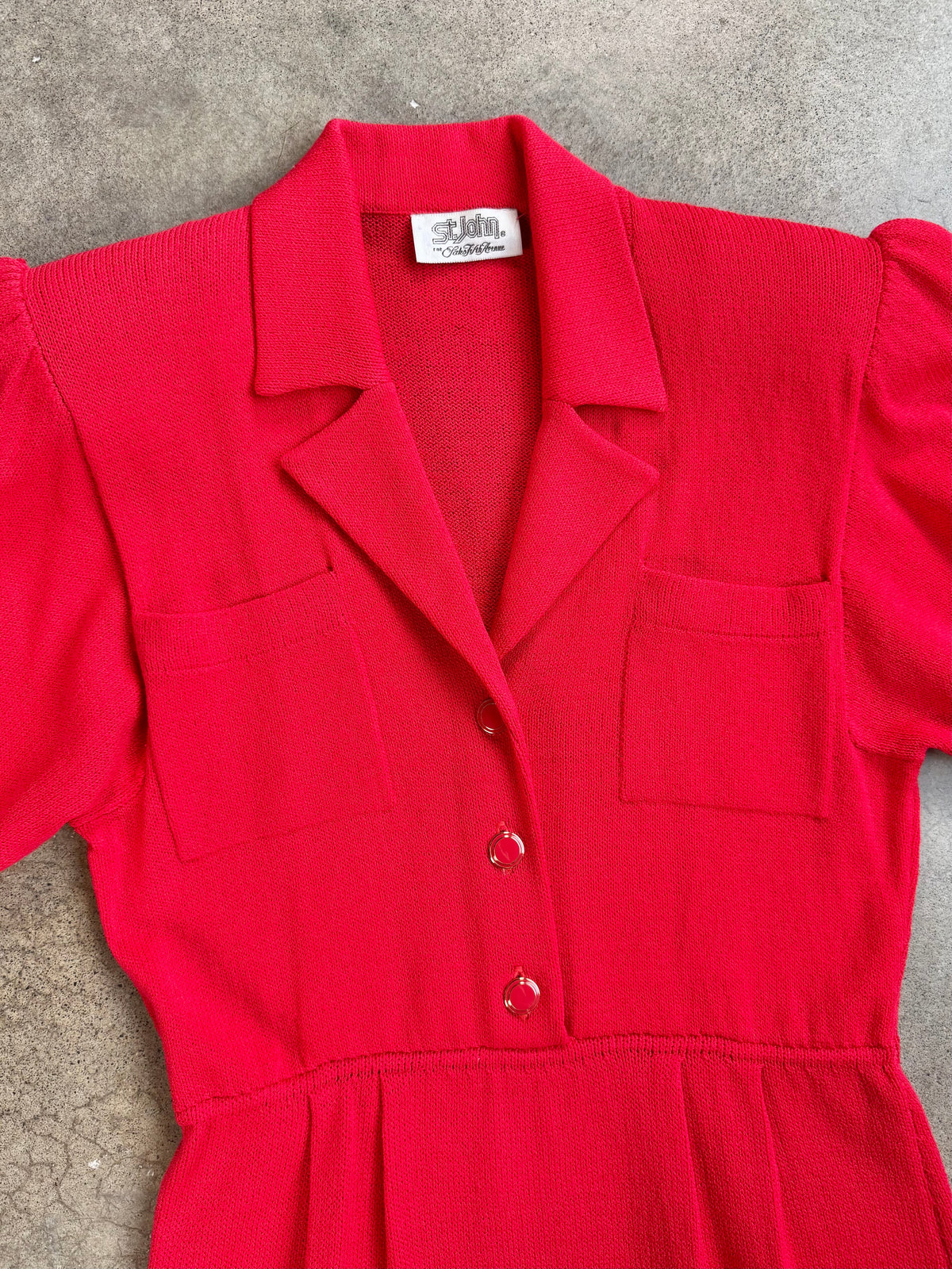 Vintage 1980s St. John for Saks Fifth Ave Red Puff Sleeve Button-Front Knit Dress | S/M