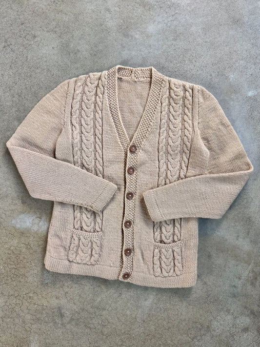 Vintage 1960s Beige Wool-Blend Cable Knit Cardigan | Small