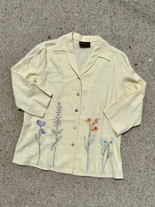 Vintage 1980s Virgo II Yellow Floral Embroidered Linen Blouse | Large