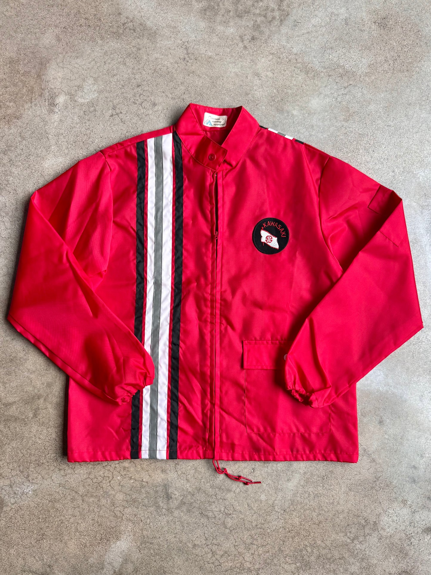 Vintage 1980s Kawasaki Striped Red Zip-Up Windbreaker Jacket | Medium