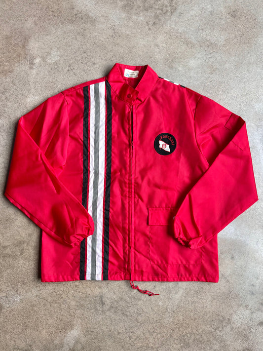Vintage 1980s Kawasaki Striped Red Zip-Up Windbreaker Jacket | Medium