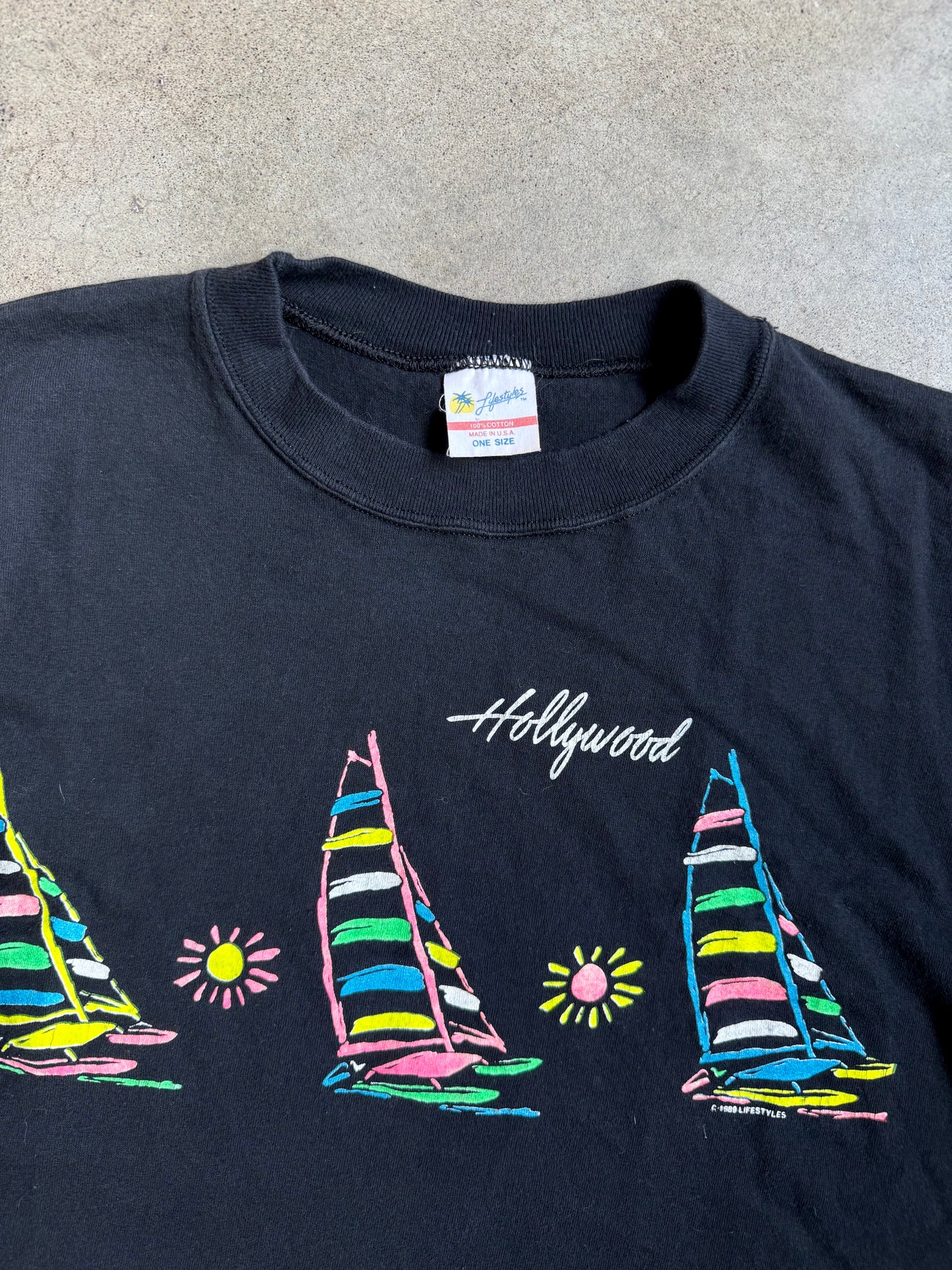 Vintage 1980s Lifestyles Hollywood Sailboat Cropped Graphic Tee | One Size