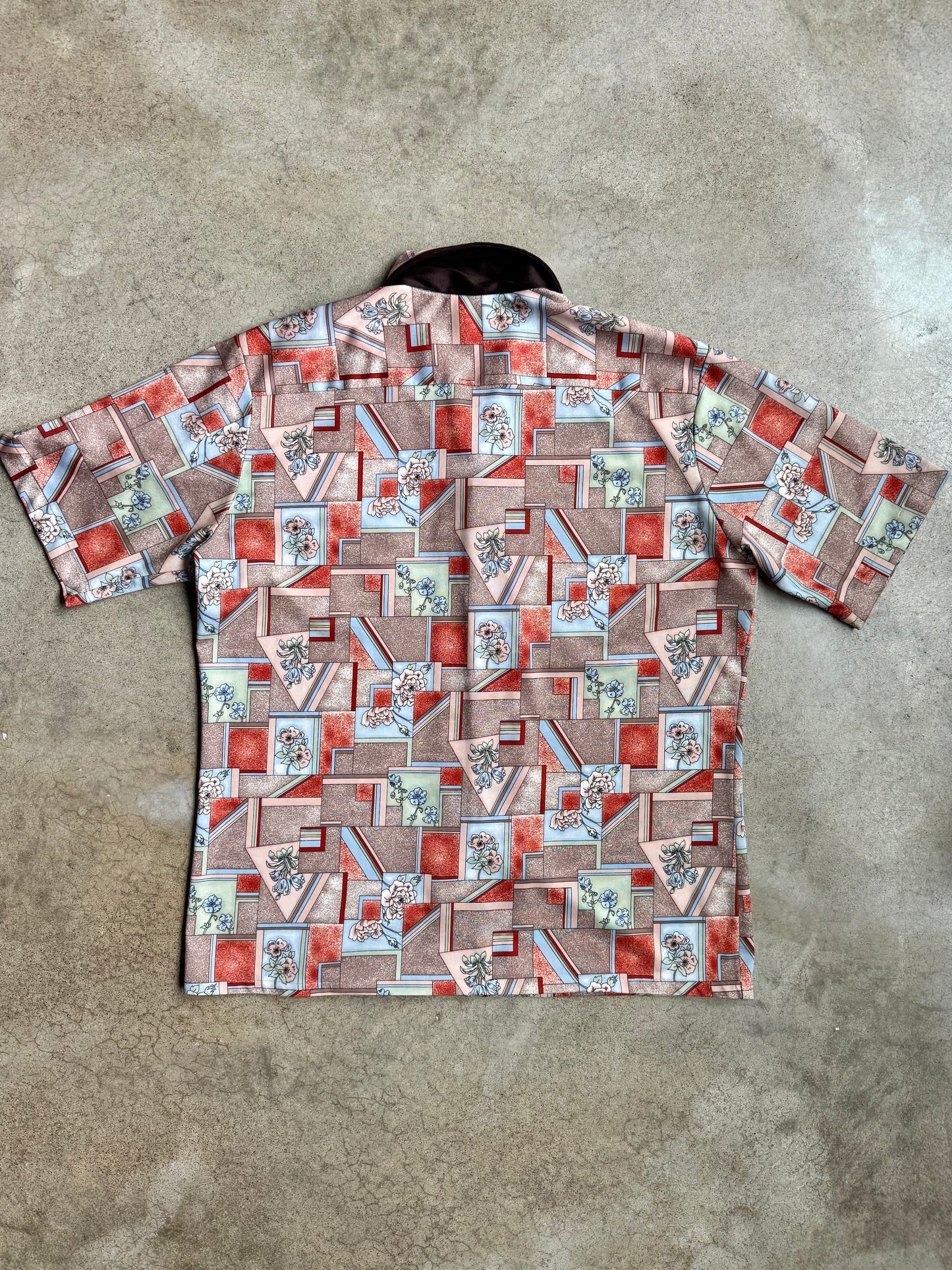 Vintage 1970s Joel Cal-Made Geometric Floral Short Sleeve Shirt | Large