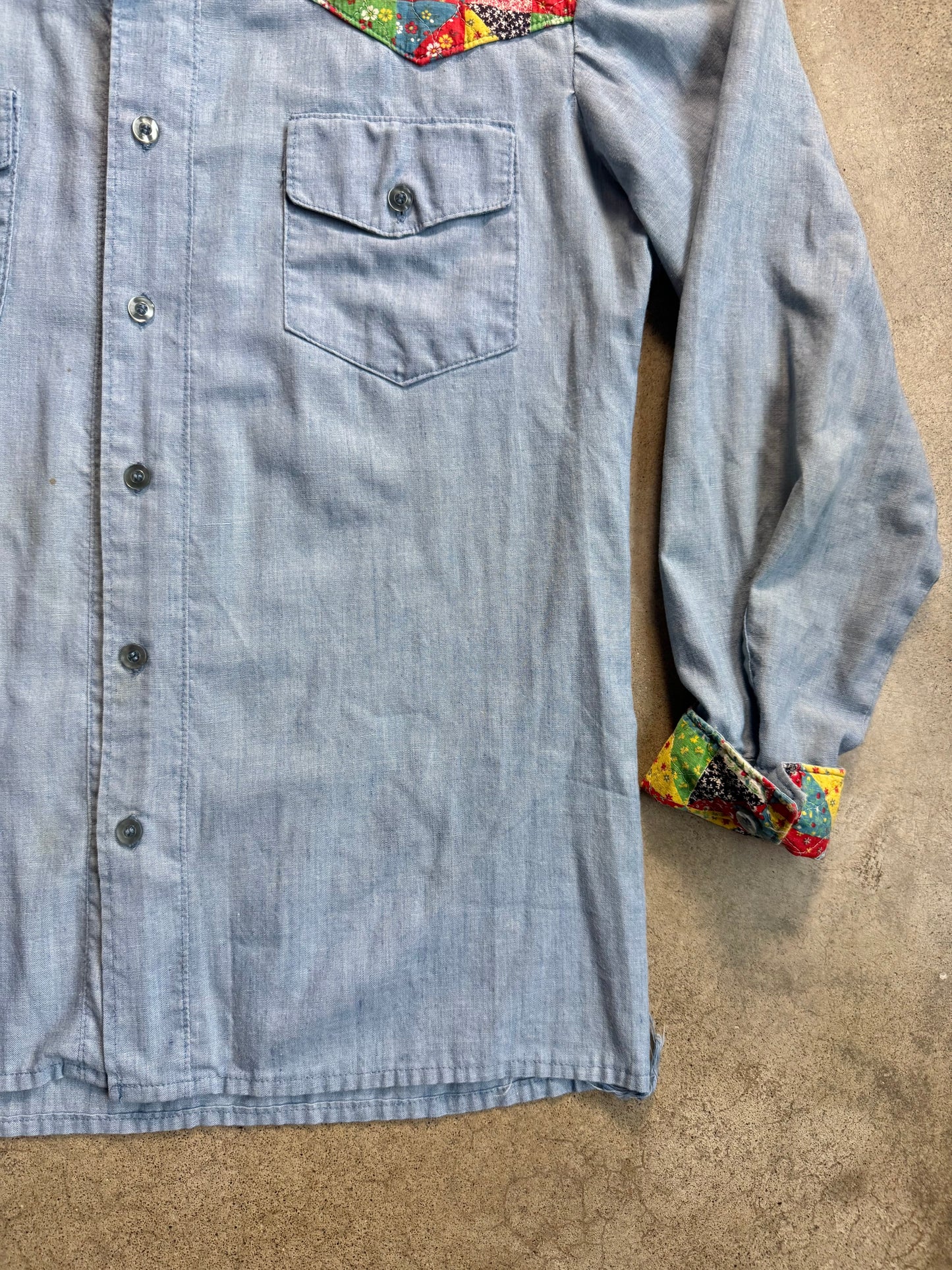 Vintage 1960s Handmade Quilted Patchwork Chambray Button-Up Shirt | Medium