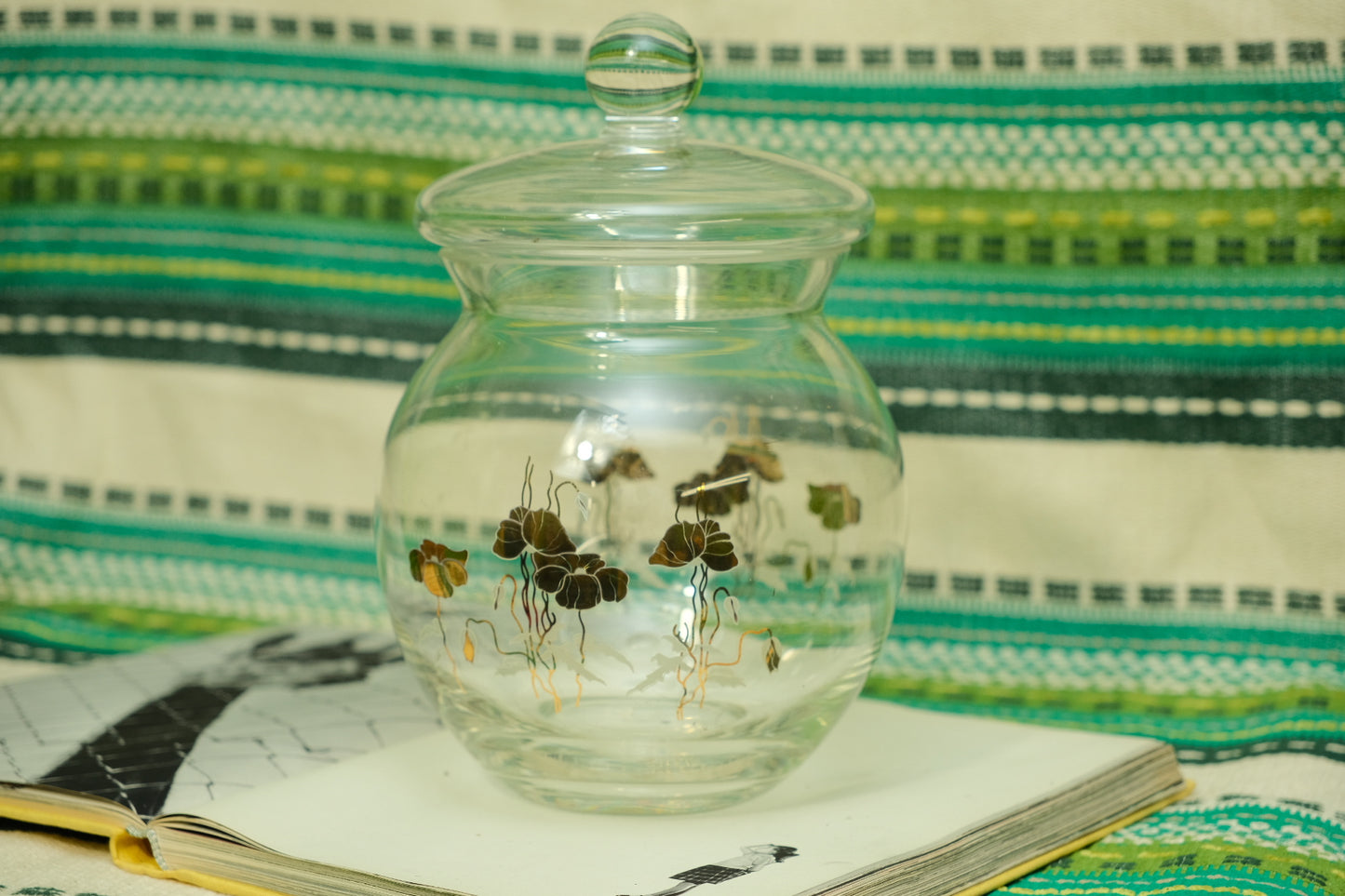 Vintage MCM Gold Flower Motif Glass Cookie Jar