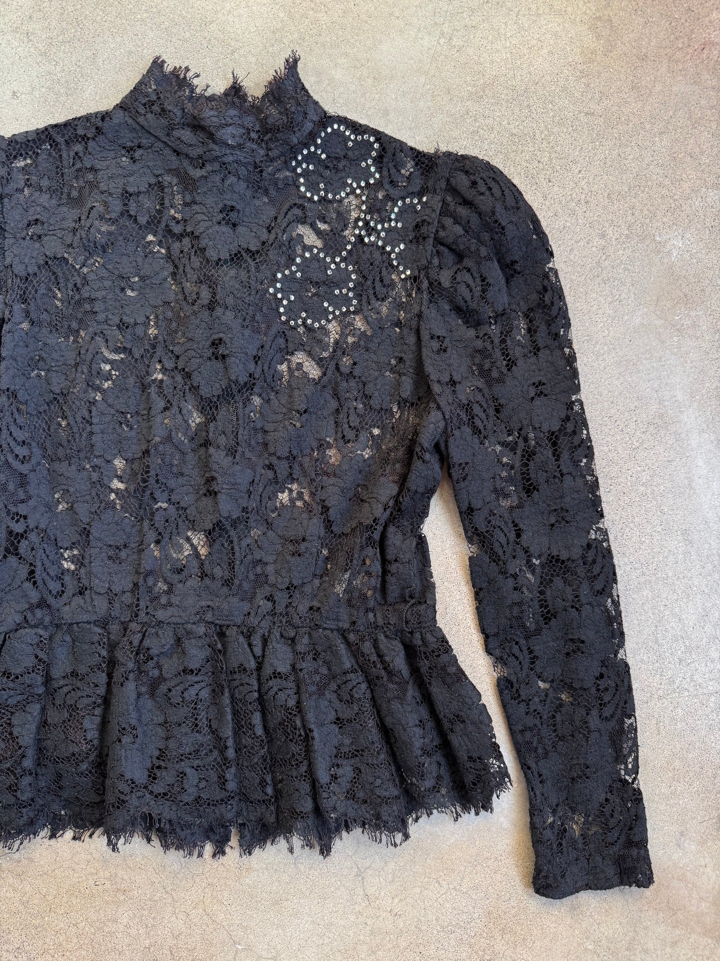 Vintage 1980s Black Lace Mesh Victorian-Style Peplum Top | Small
