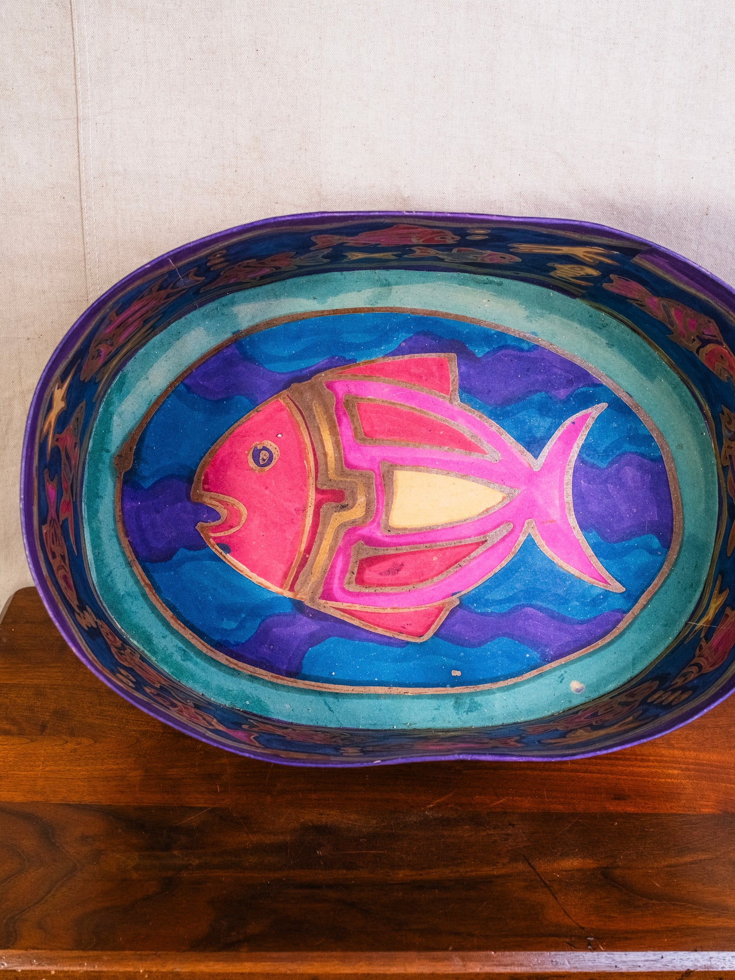 Vintage Folk Art Fish Hand-Painted Large Oval Box