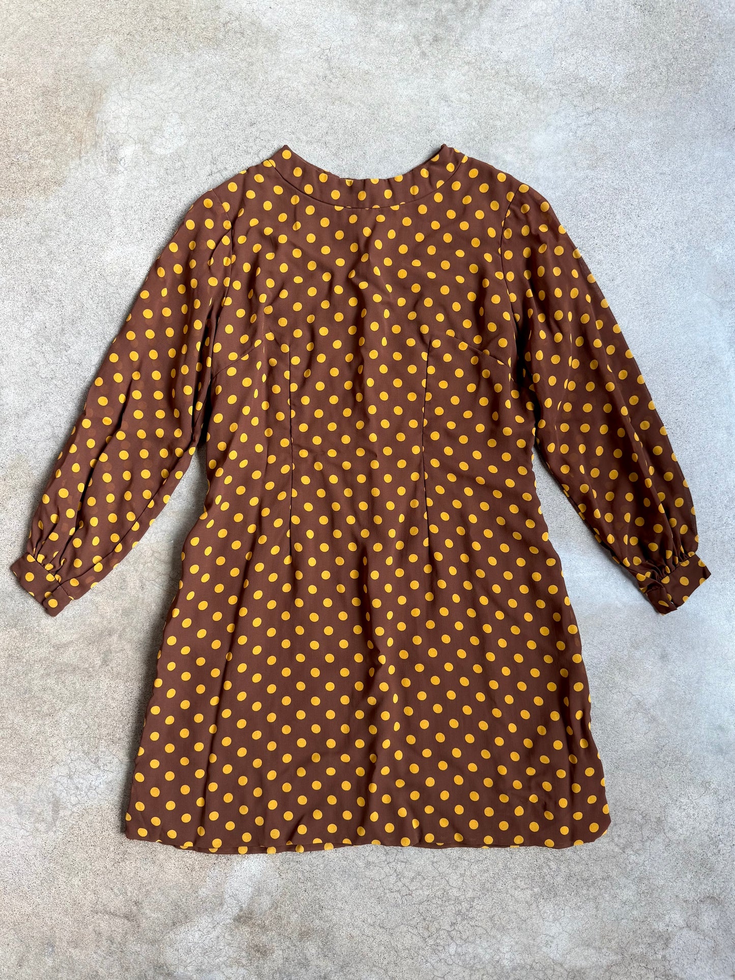 Vintage 1960s Handmade Brown & Yellow Polka Dot Long Sleeve Mini Dress | M/L