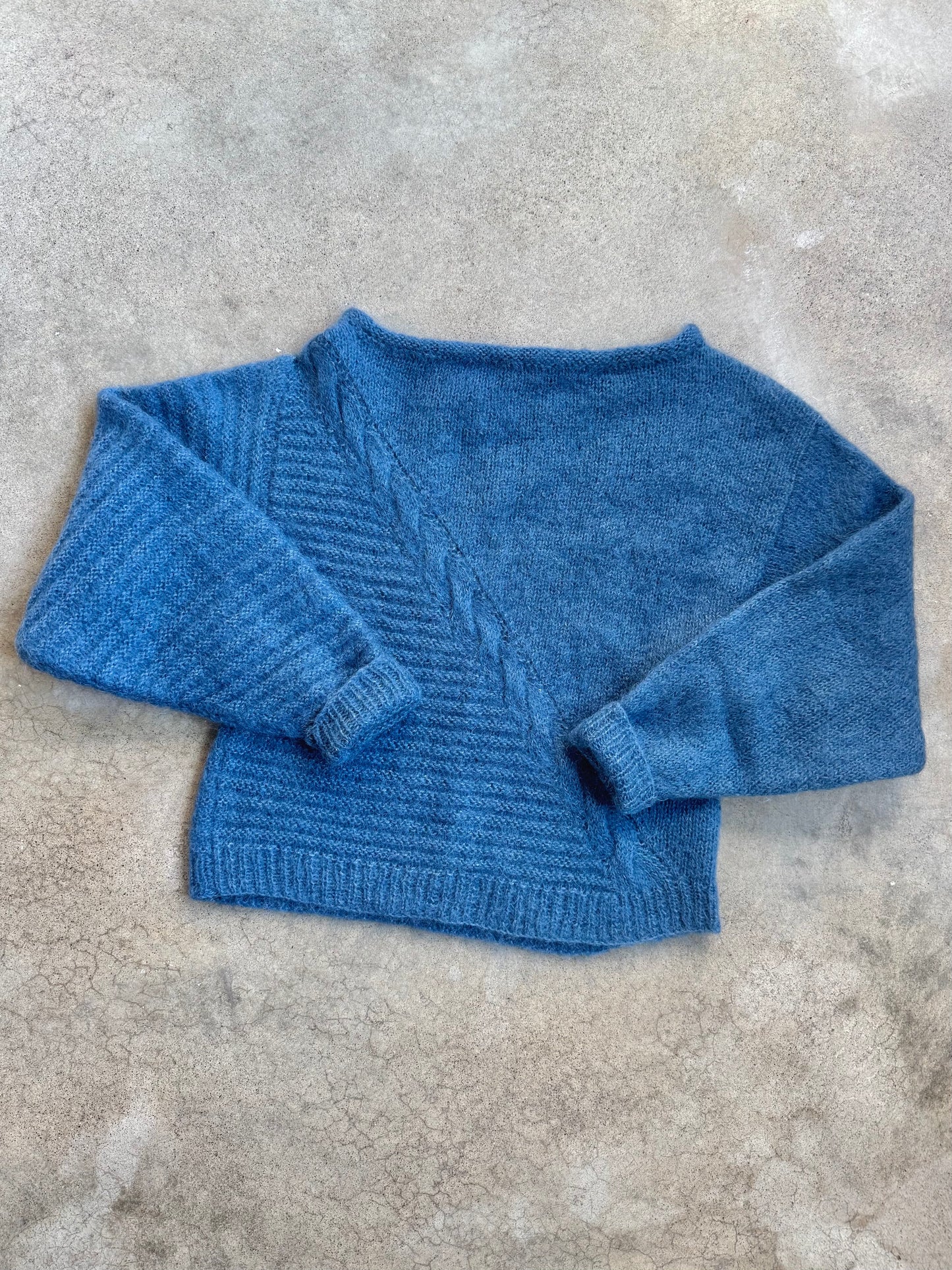 Vintage 1950s Hand-Knit Blue Mohair-Blend Boatneck Sweater | Medium