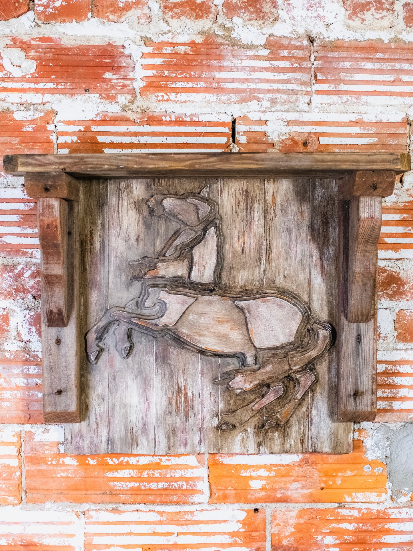 Vintage Handmade Wooden Carved Horse Wall Shelf