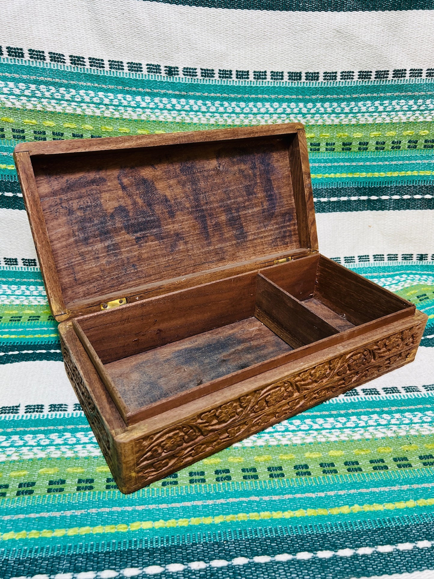 Vintage 1950s Carved Teak Wood Box