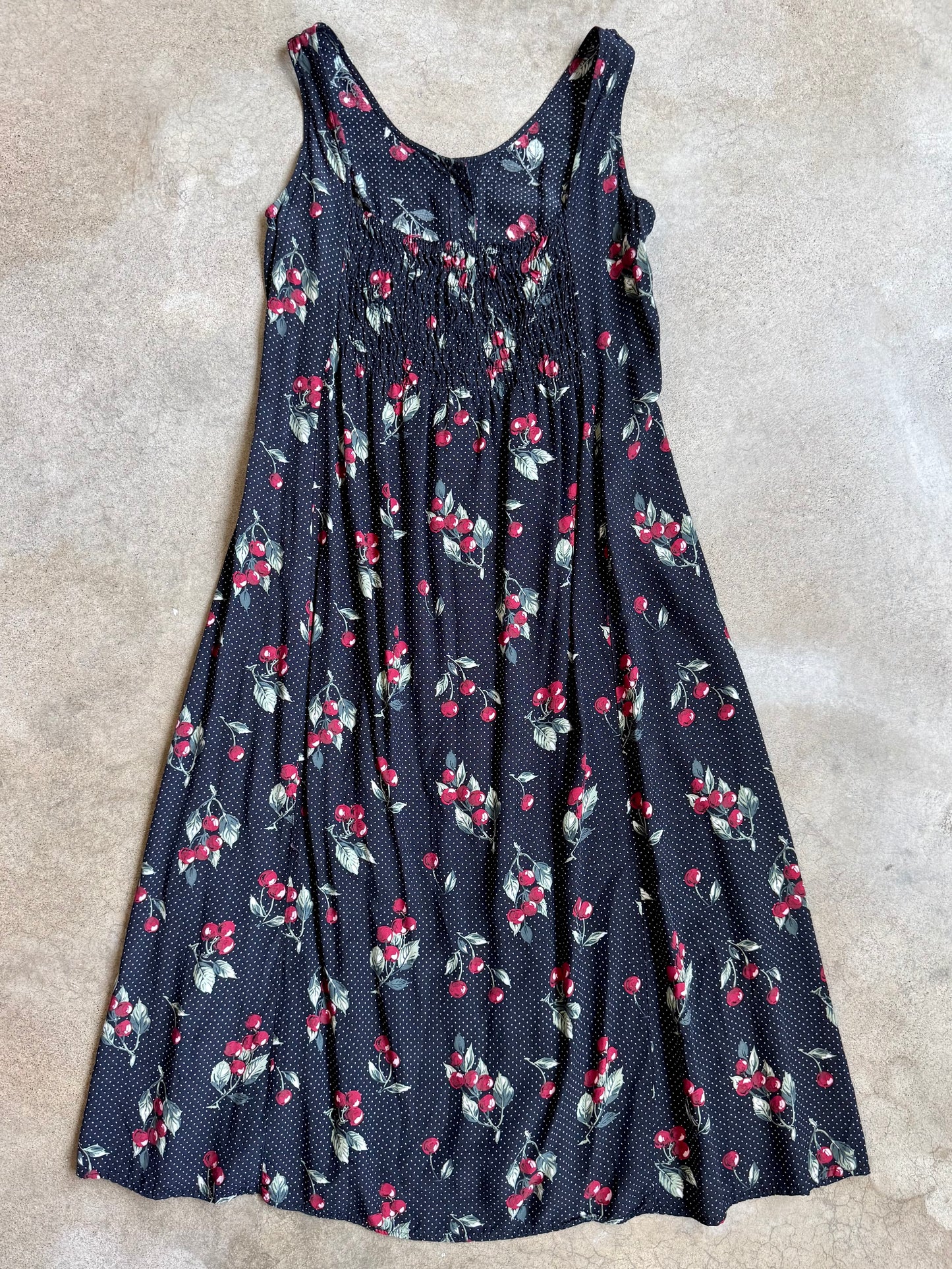 Vintage 1990s Express Cherry Polka Dot Button-Front Maxi Dress | Large