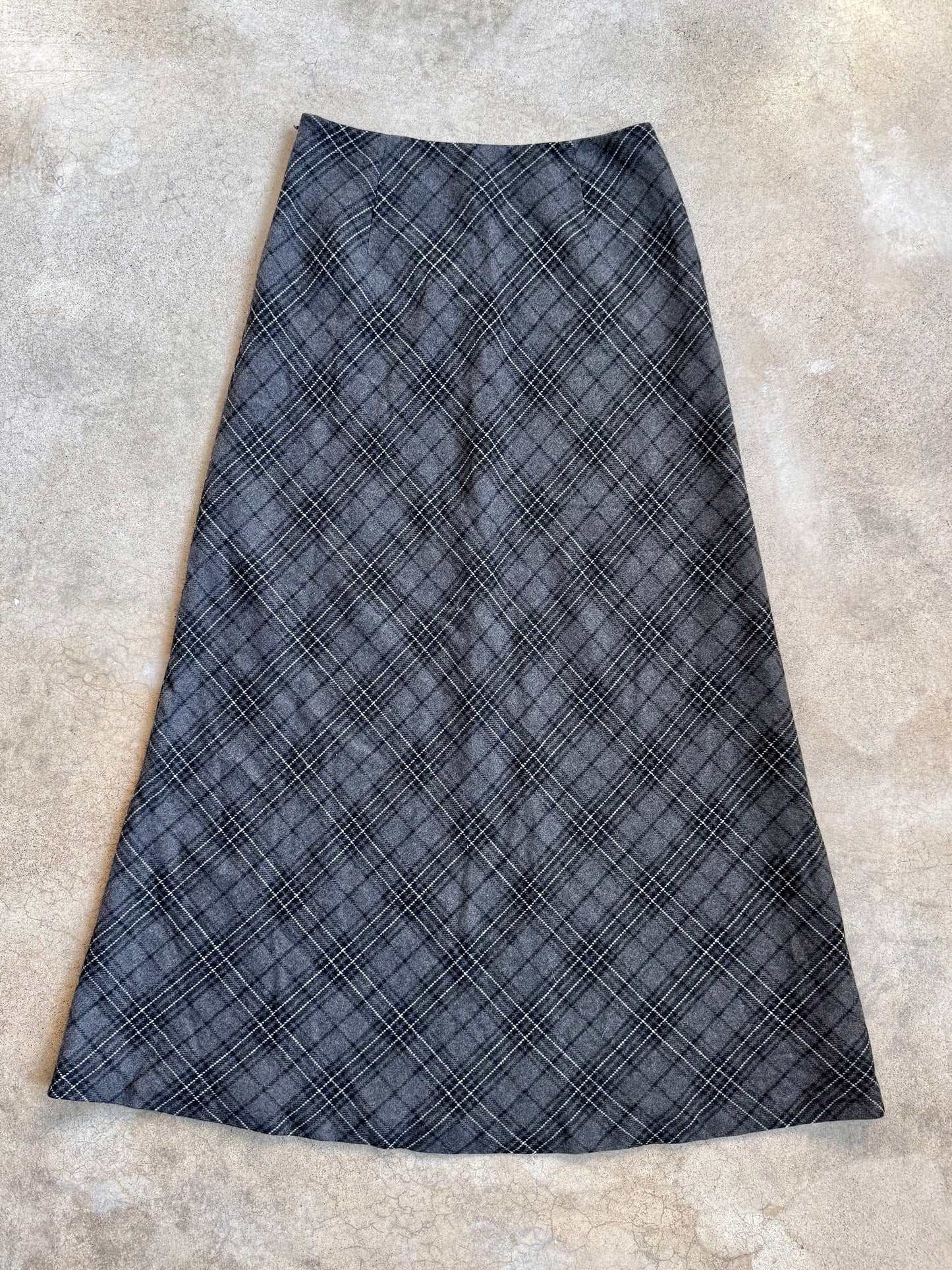 Vintage 1990s Eddie Bauer Grey Plaid Wool A-Line Maxi Skirt | Waist 30”