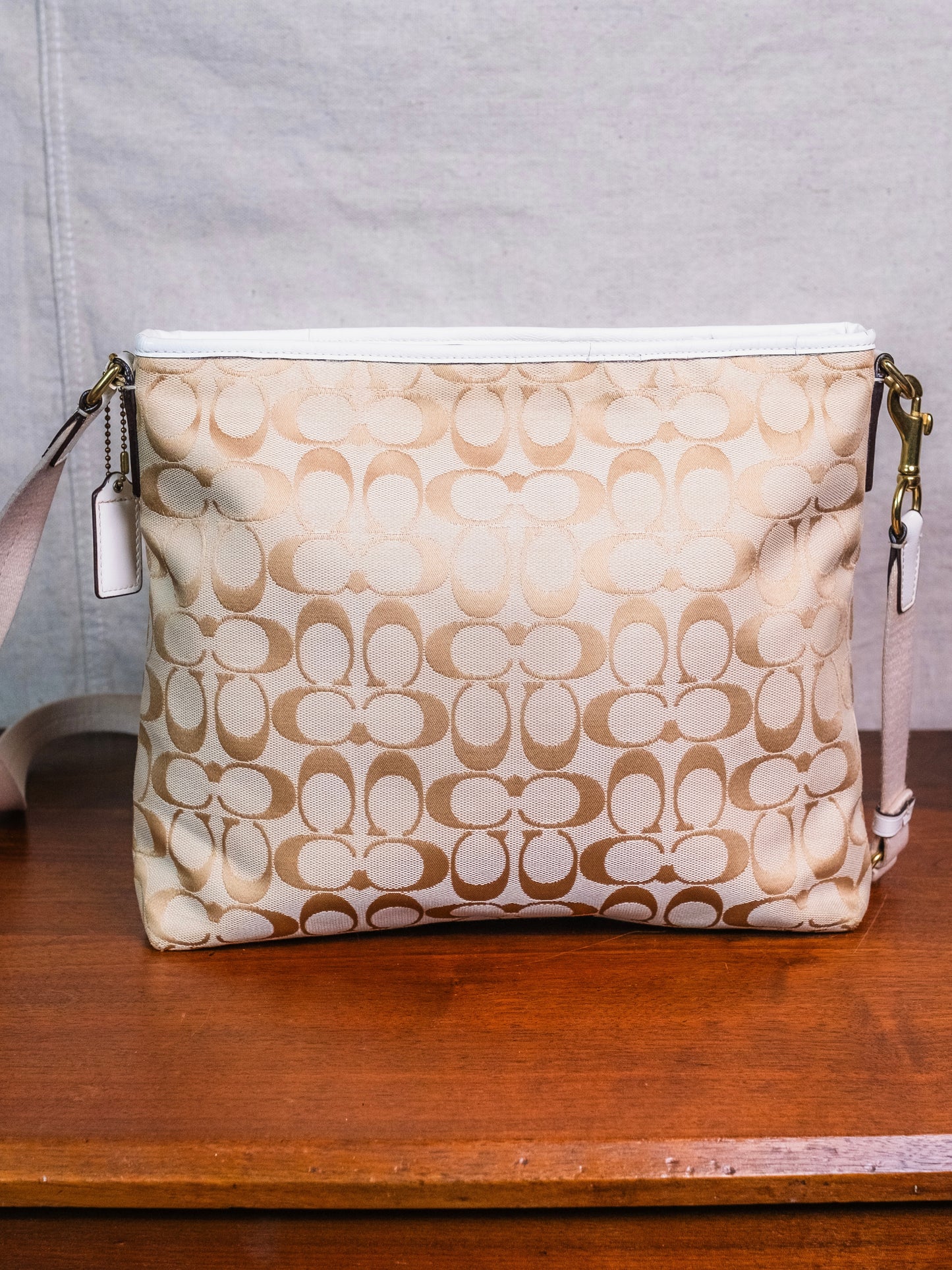 Coach Beige & White Signature Stripe Canvas Crossbody Bag