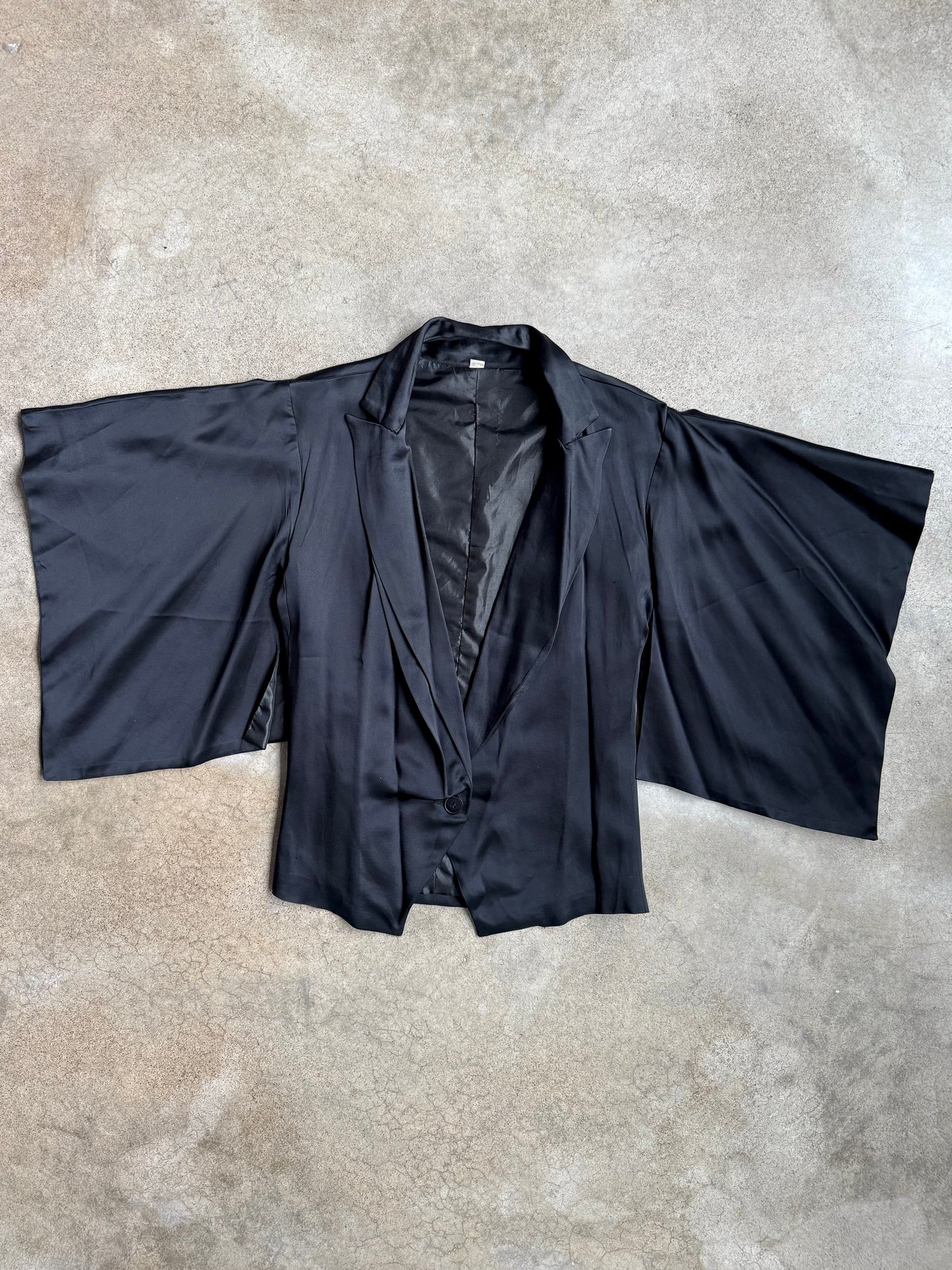 Vintage 1950s Black Satin Kimono-Style Jacket | S/M