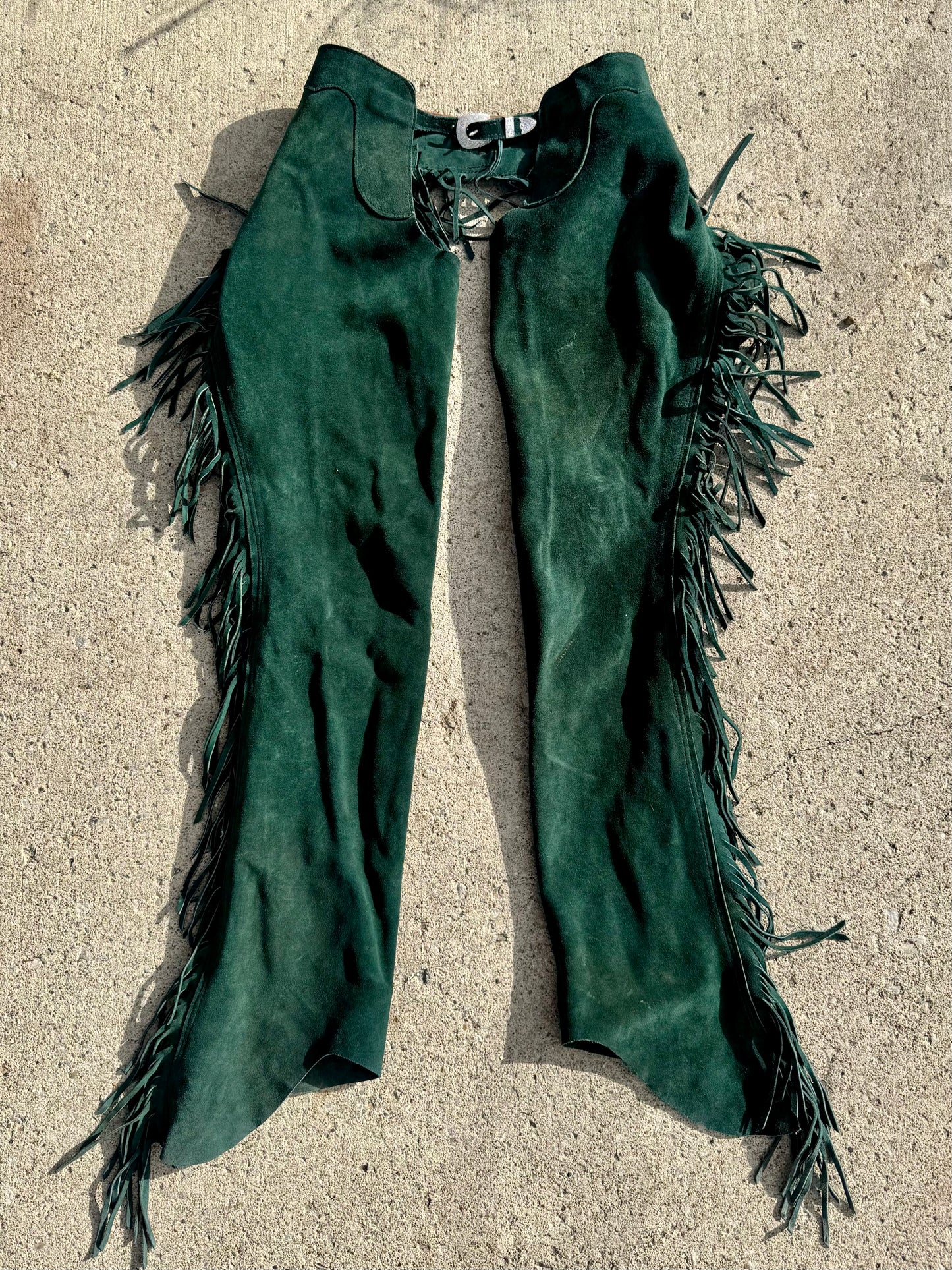 Vintage 1980s Rod's Western Palace Green Suede Leather Fringe Chaps | M/L
