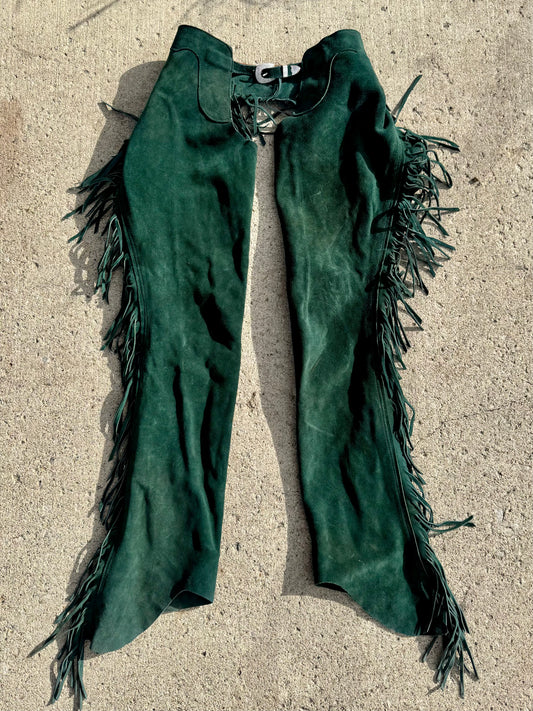 Vintage 1980s Rod's Western Palace Green Suede Leather Fringe Chaps | M/L