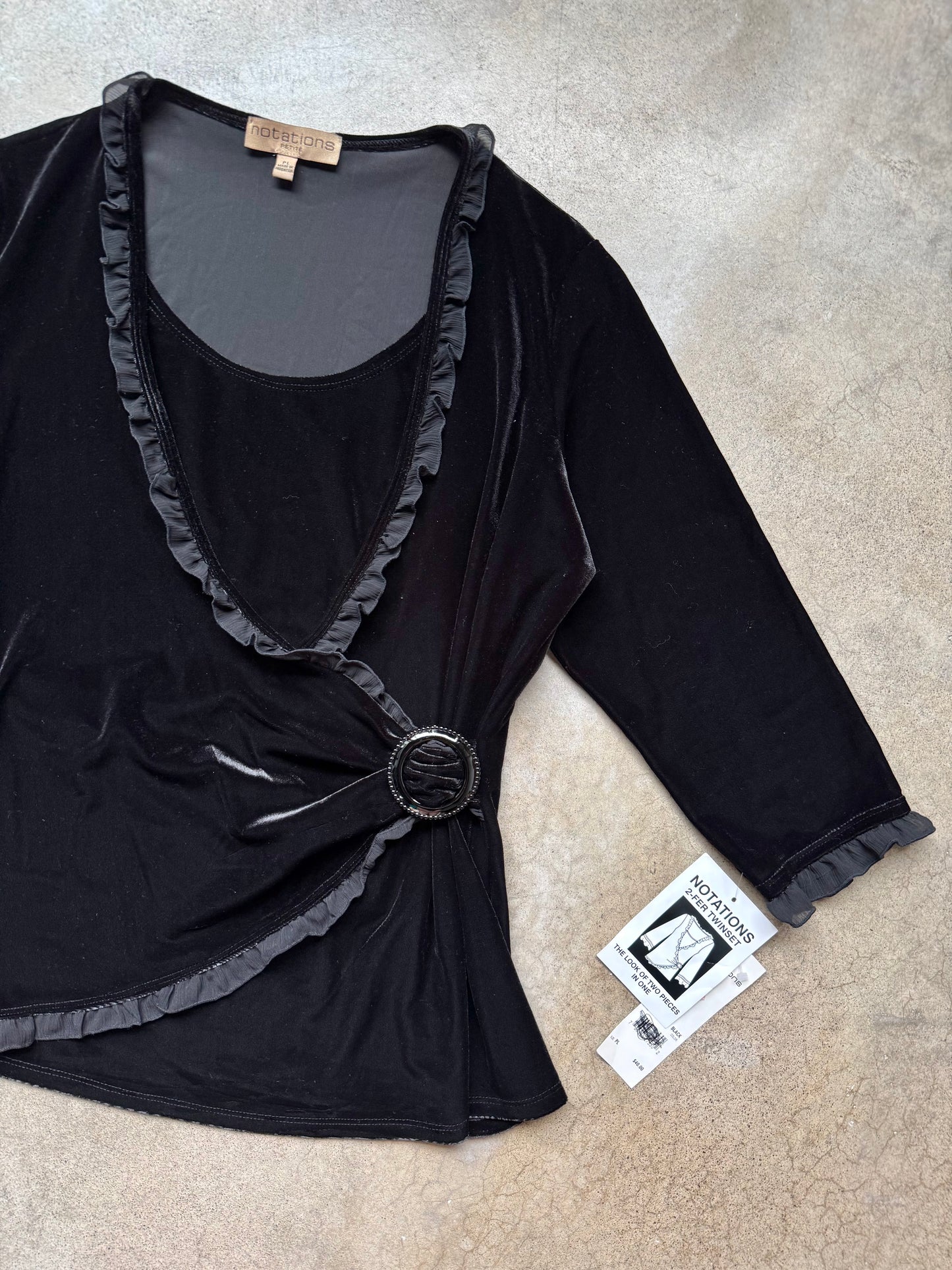 Vintage 1990s Notations Black Velvet Frilled Trim Wrap Blouse | Large