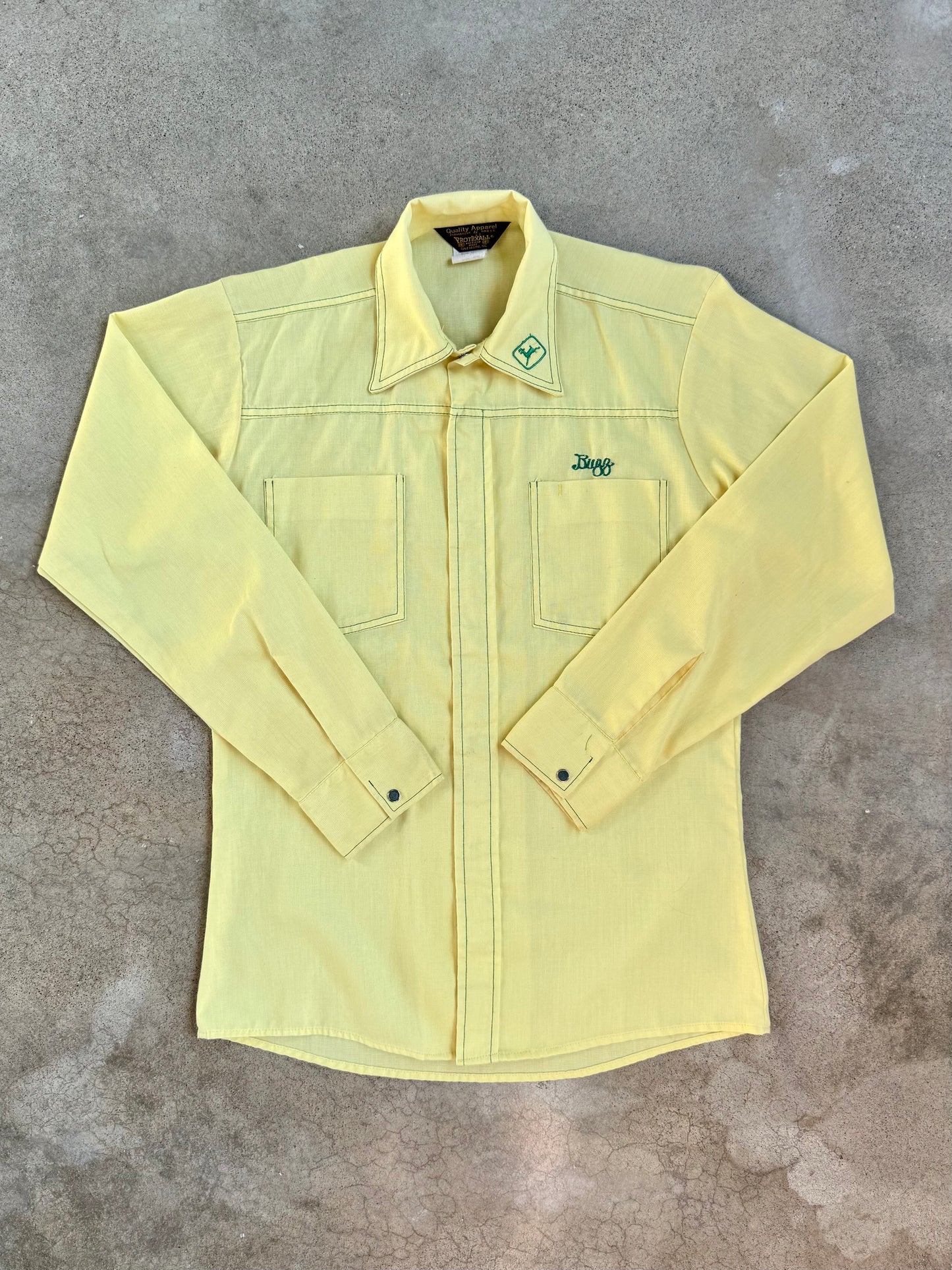 Vintage 1970s Yellow & Green "Buzz" Embroidered John Deere Button-Up Shirt | Small