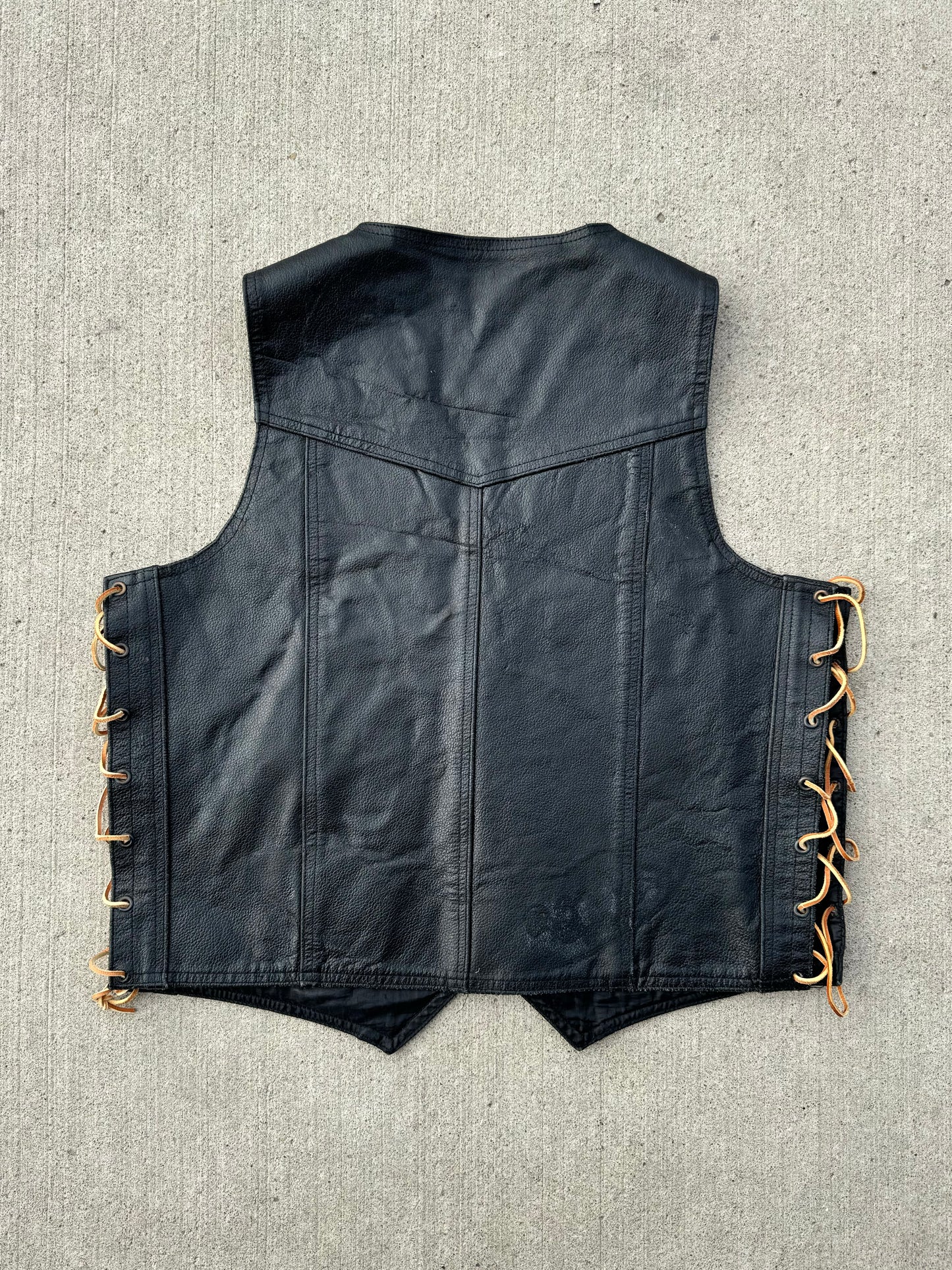 Vintage Lace-Up Western Black Leather Vest | Large