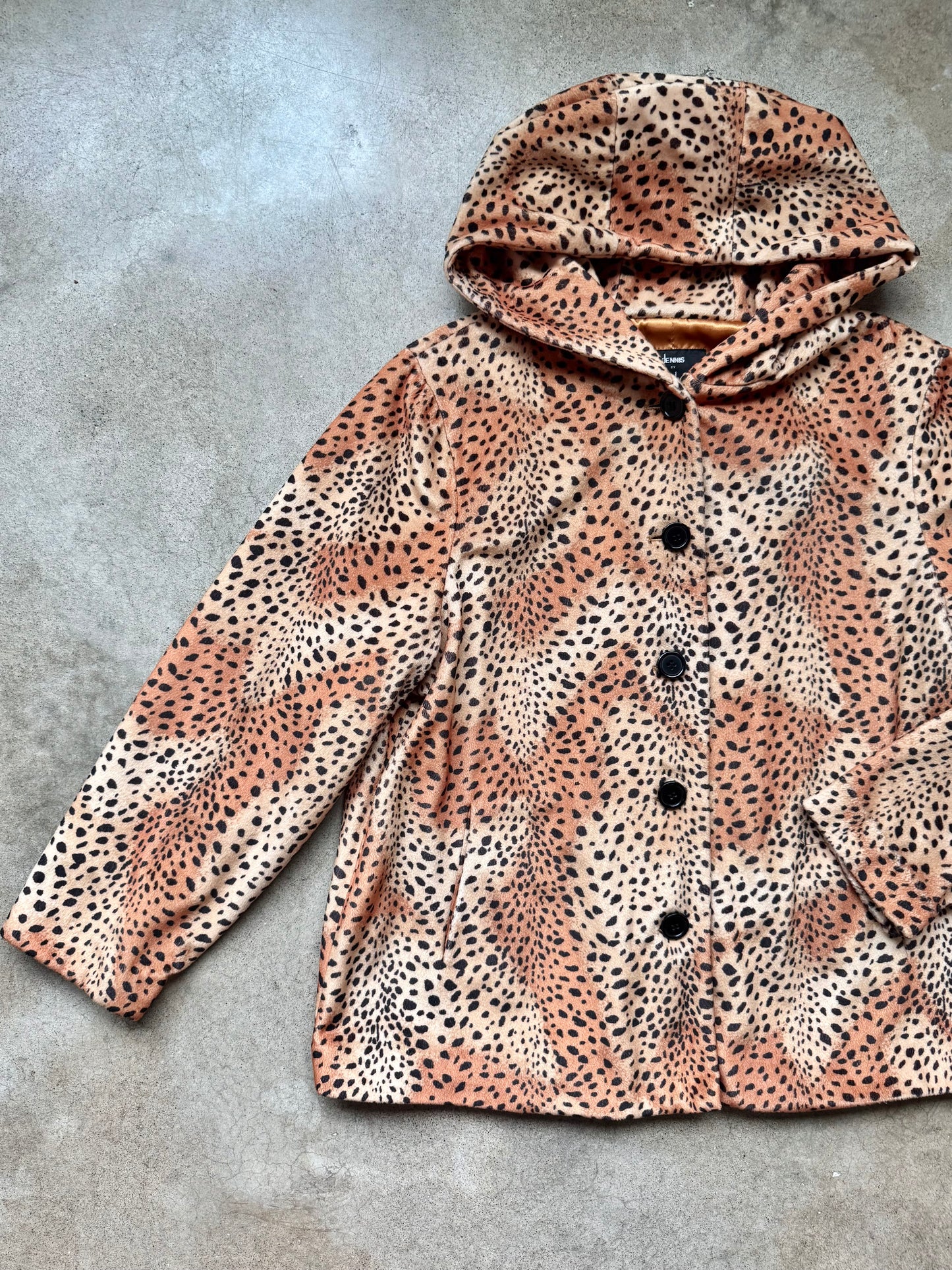 Vintage Dennis Basso Leopard Print Faux Fur Hooded Jacket | XL