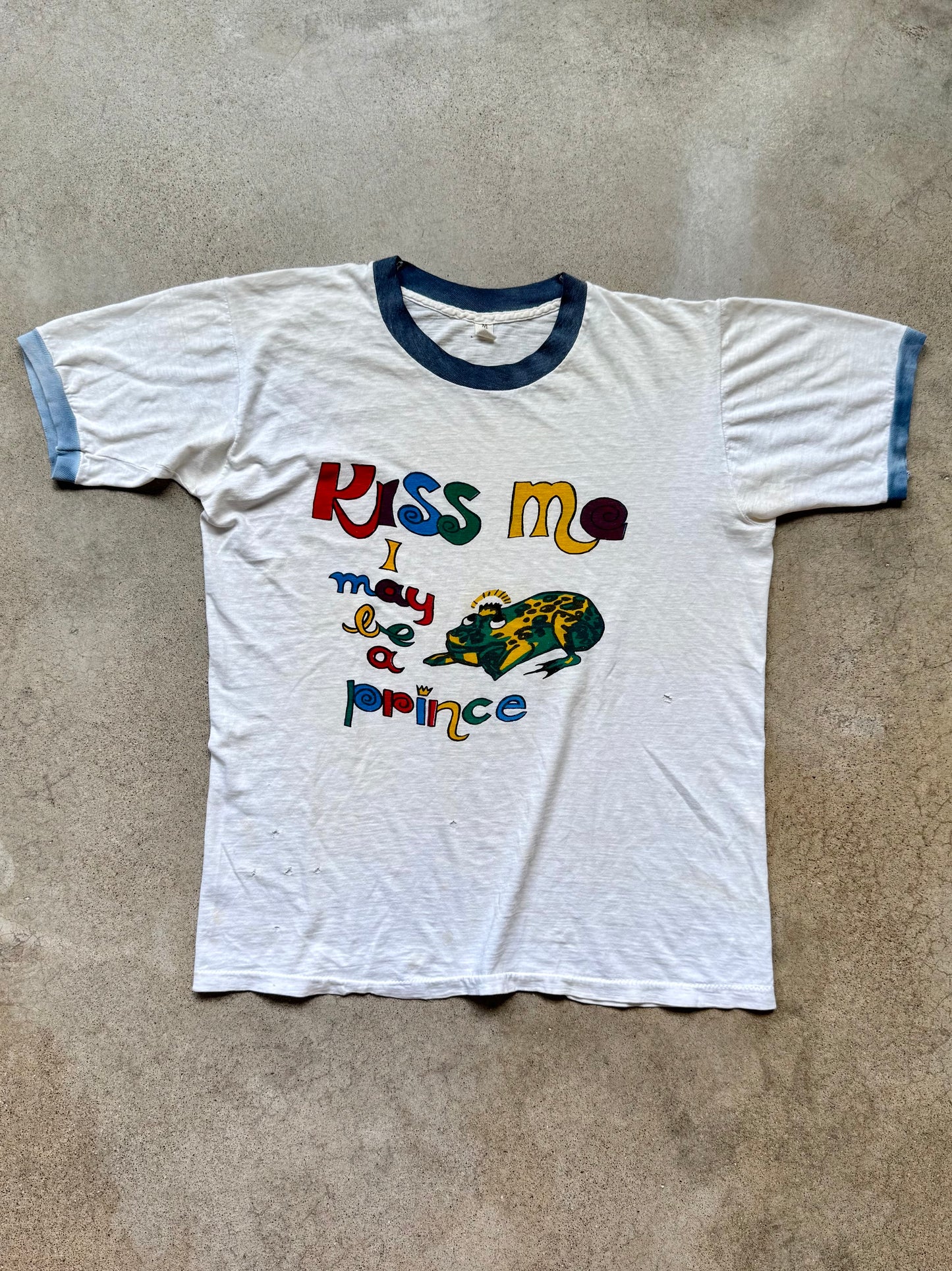 Vintage 1970s Distressed “Kiss Me I May Be A Prince” Graphic Ringer Tee | Medium
