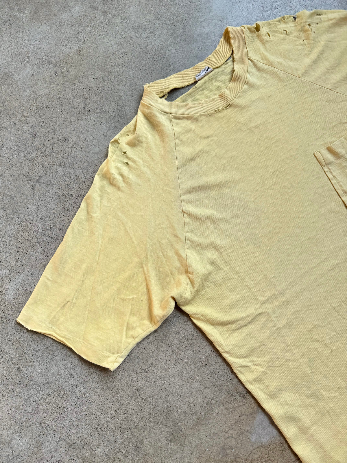 Vintage 1960s Monogram Collection Yellow Distressed Cotton Pocket Tee | Large