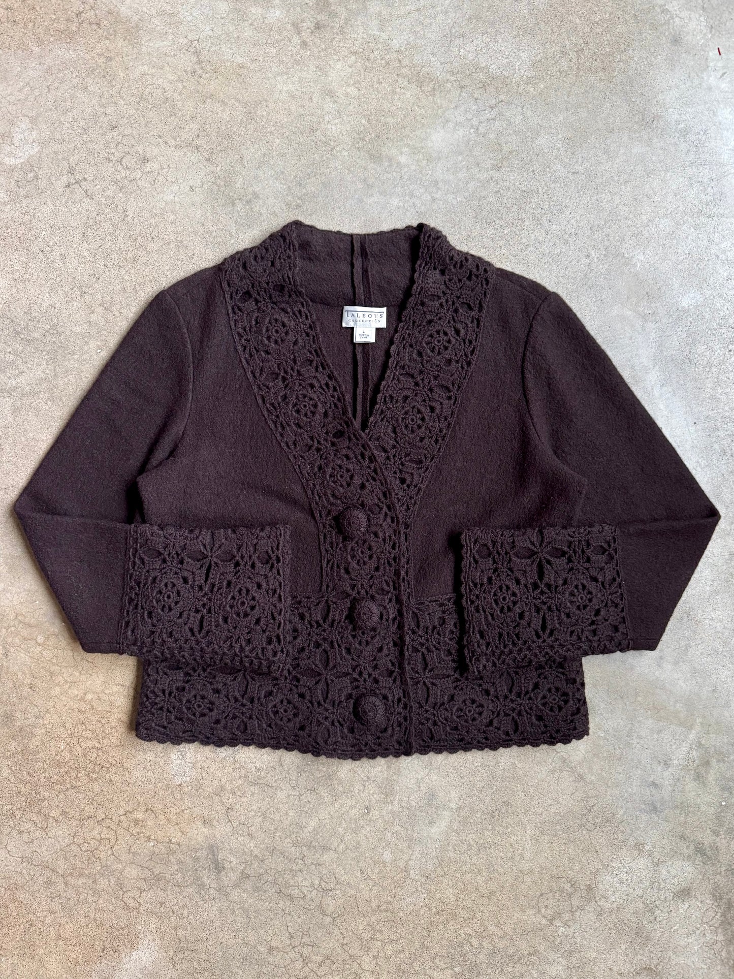 2000s Talbots Collection Brown Wool Crochet Trim Cardigan | Large
