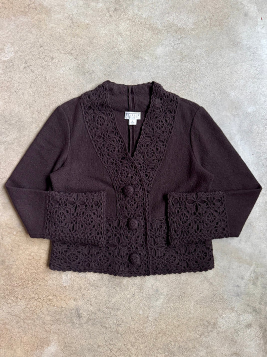 2000s Talbots Collection Brown Wool Crochet Trim Cardigan | Large