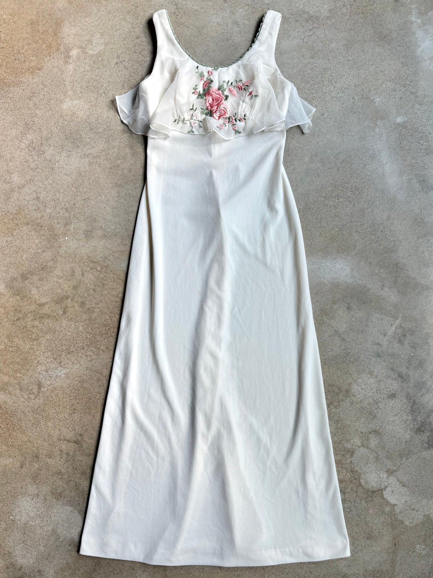 Vintage 1970s Handmade Cream Floral Embroidered Maxi Dress | Small