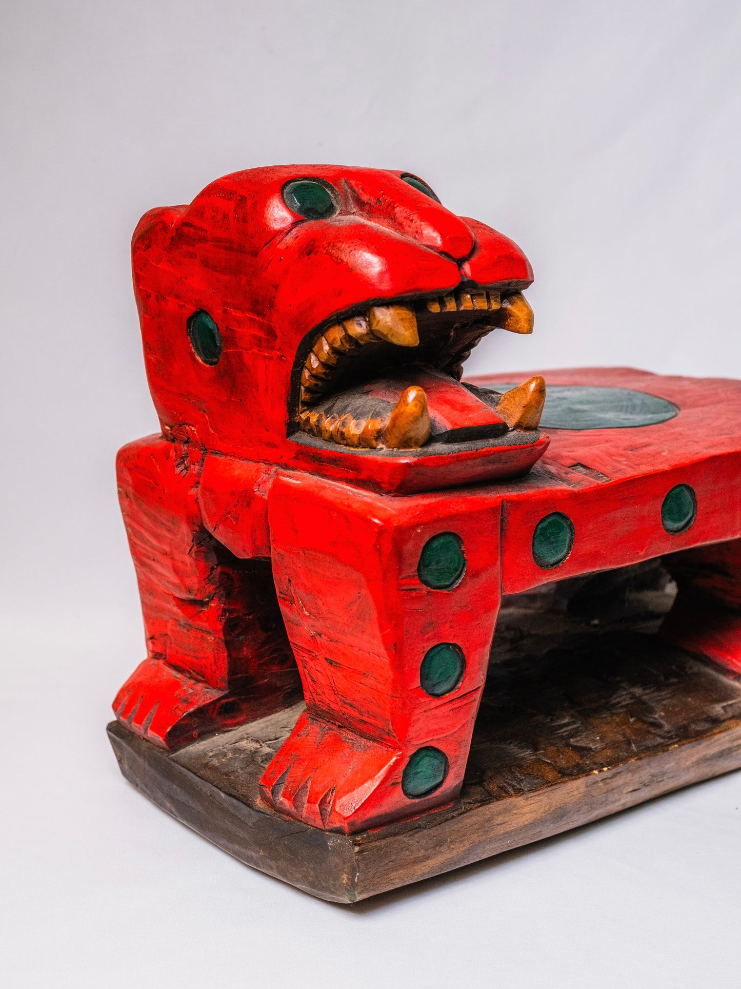 Wood-Carved Hand-Painted Red Jaguar Footstool