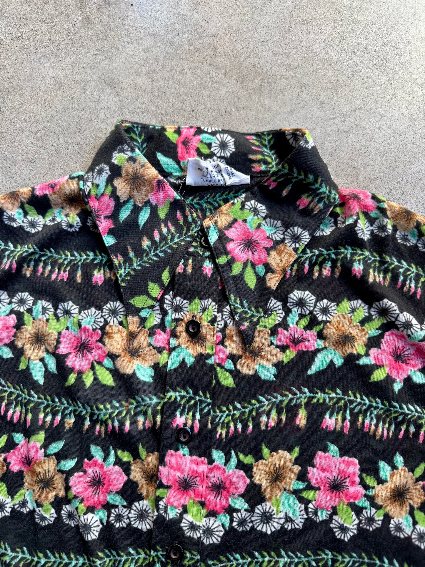 Vintage 1970s Kmart Floral Print Polyester Knit Button-Up Shirt | 36