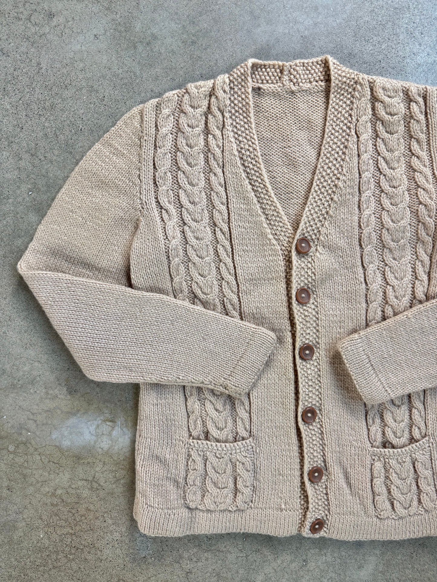 Vintage 1960s Beige Wool-Blend Cable Knit Cardigan | Small