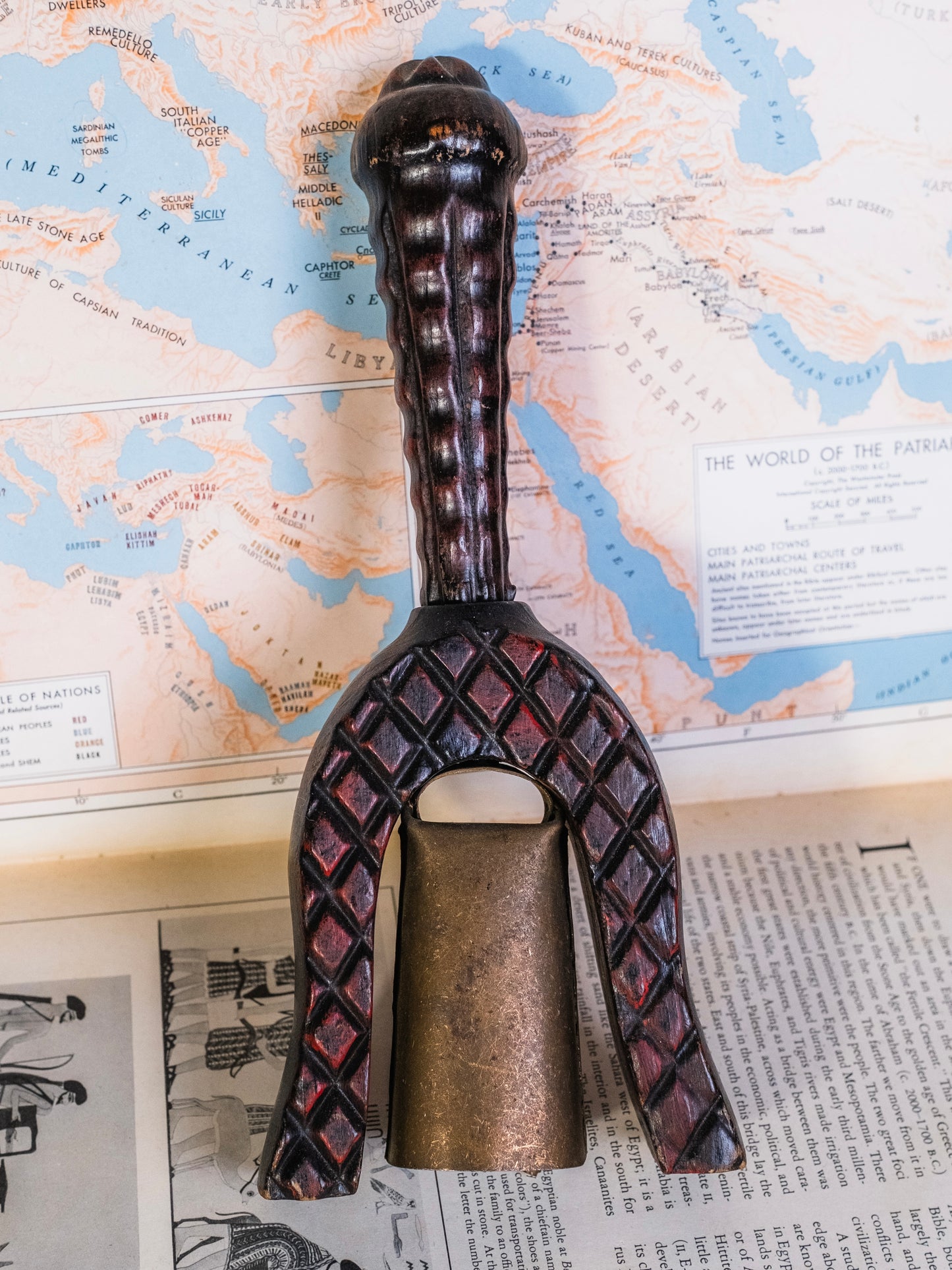 Vintage Spanish Carved-Wood & Brass Hand Bell