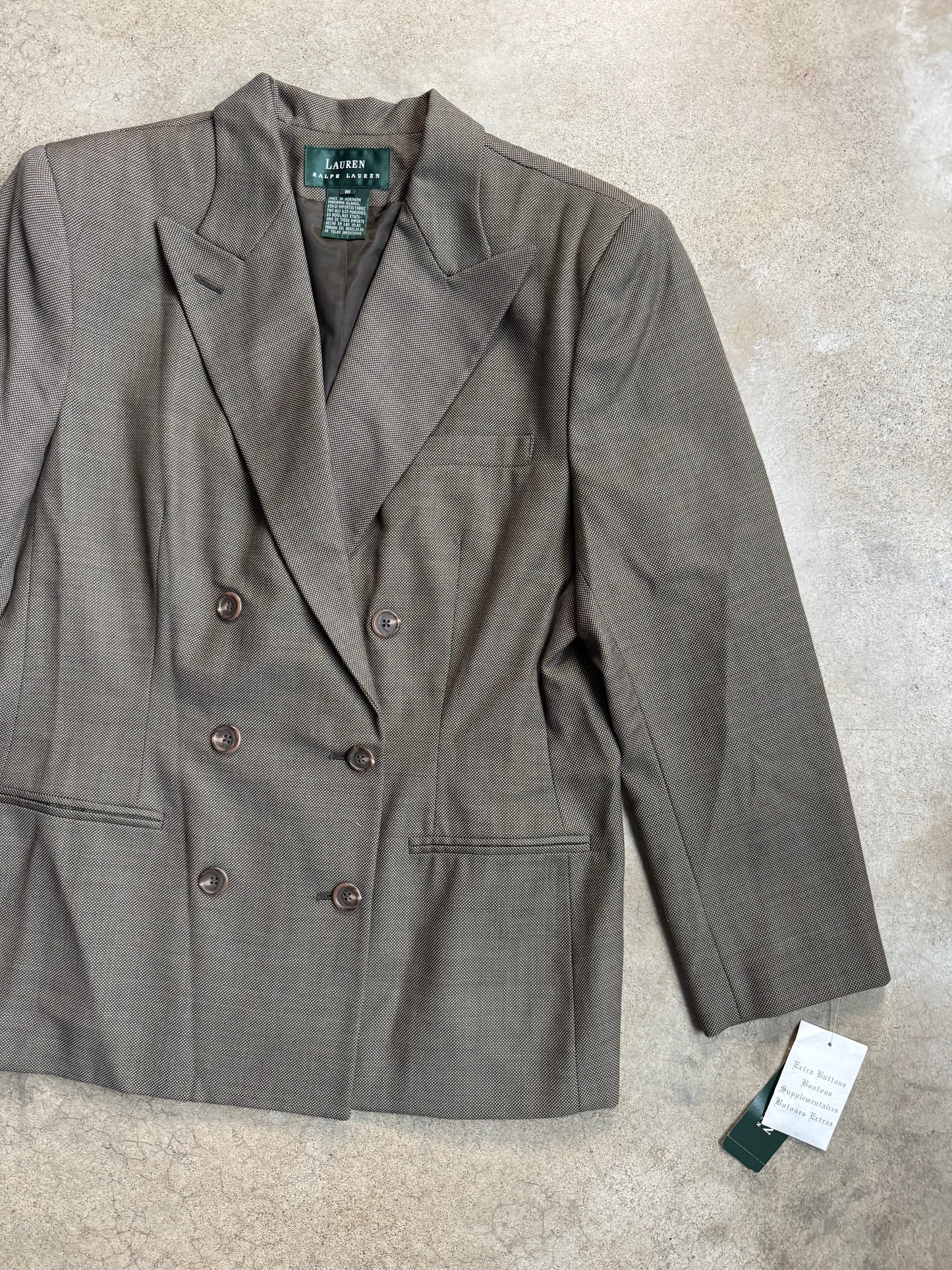 Vintage 1990s Lauren Ralph Lauren Brown Wool Double-Breasted Suit Jacket | Large