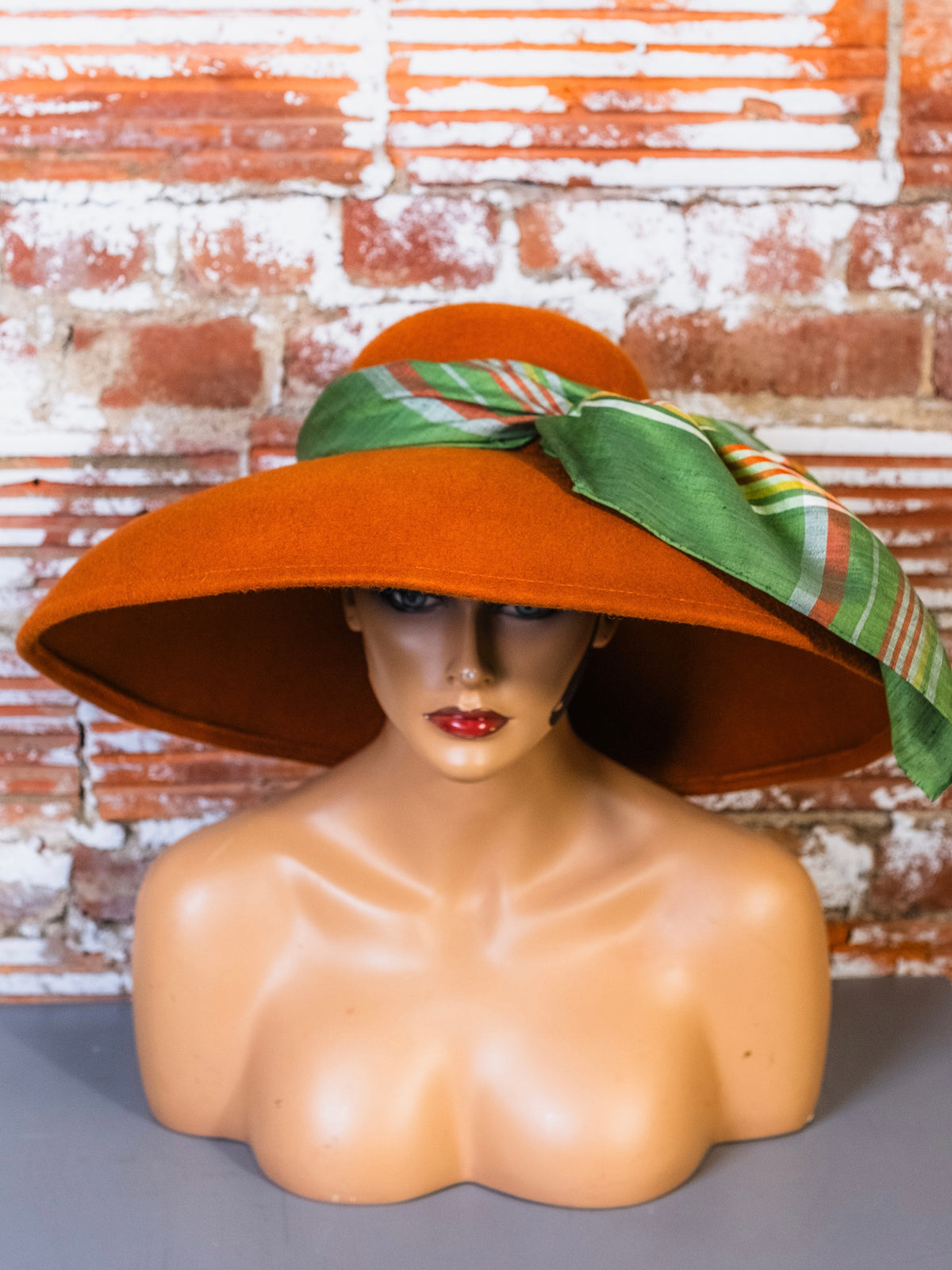 Vintage Rust Orange Felted Wool Wide Brim Hat w/ Green Plaid Scarf