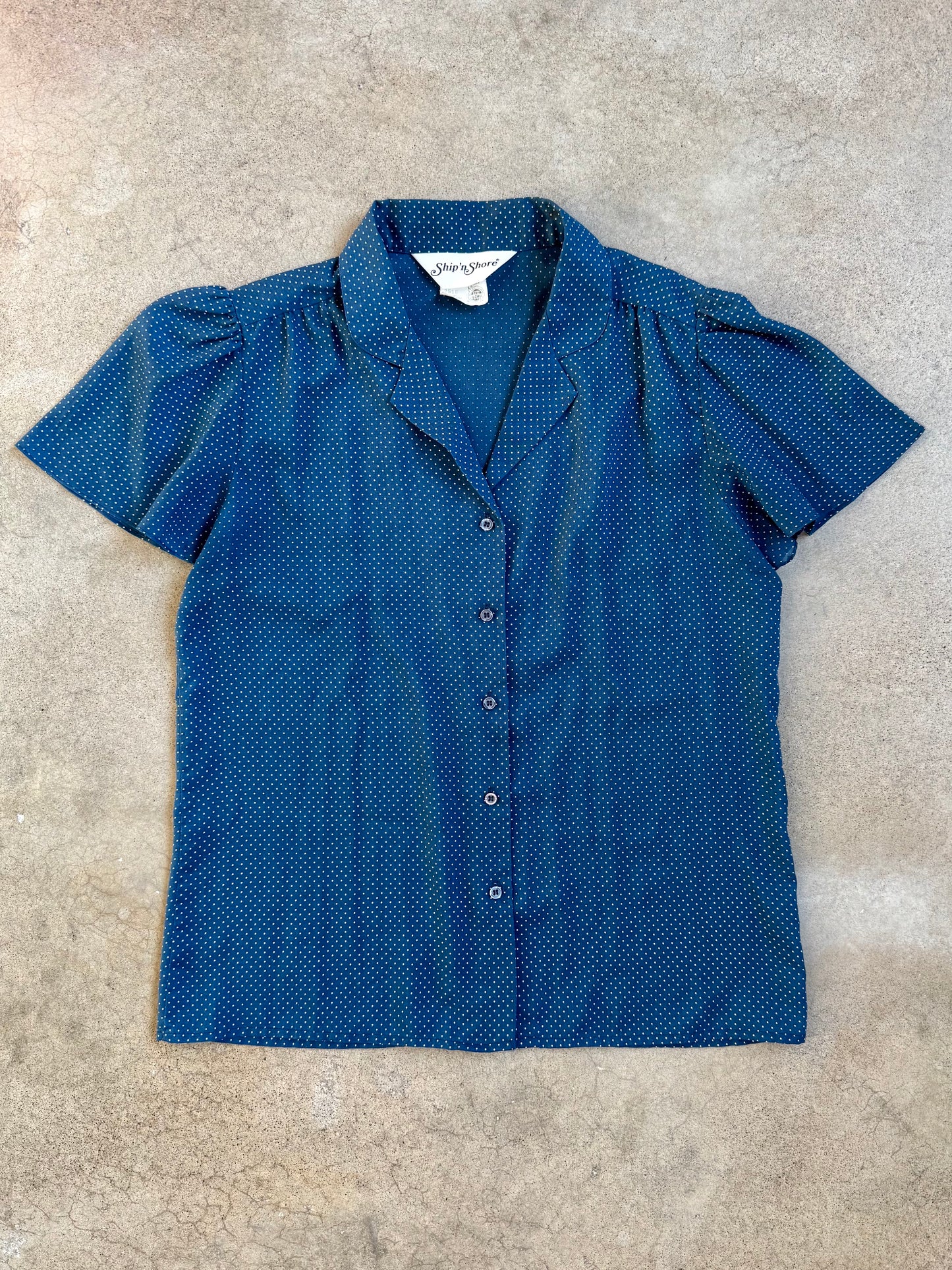 Vintage 1970s Ship'n Shore Blue & White Polka Dot Short Sleeve Blouse | S/M