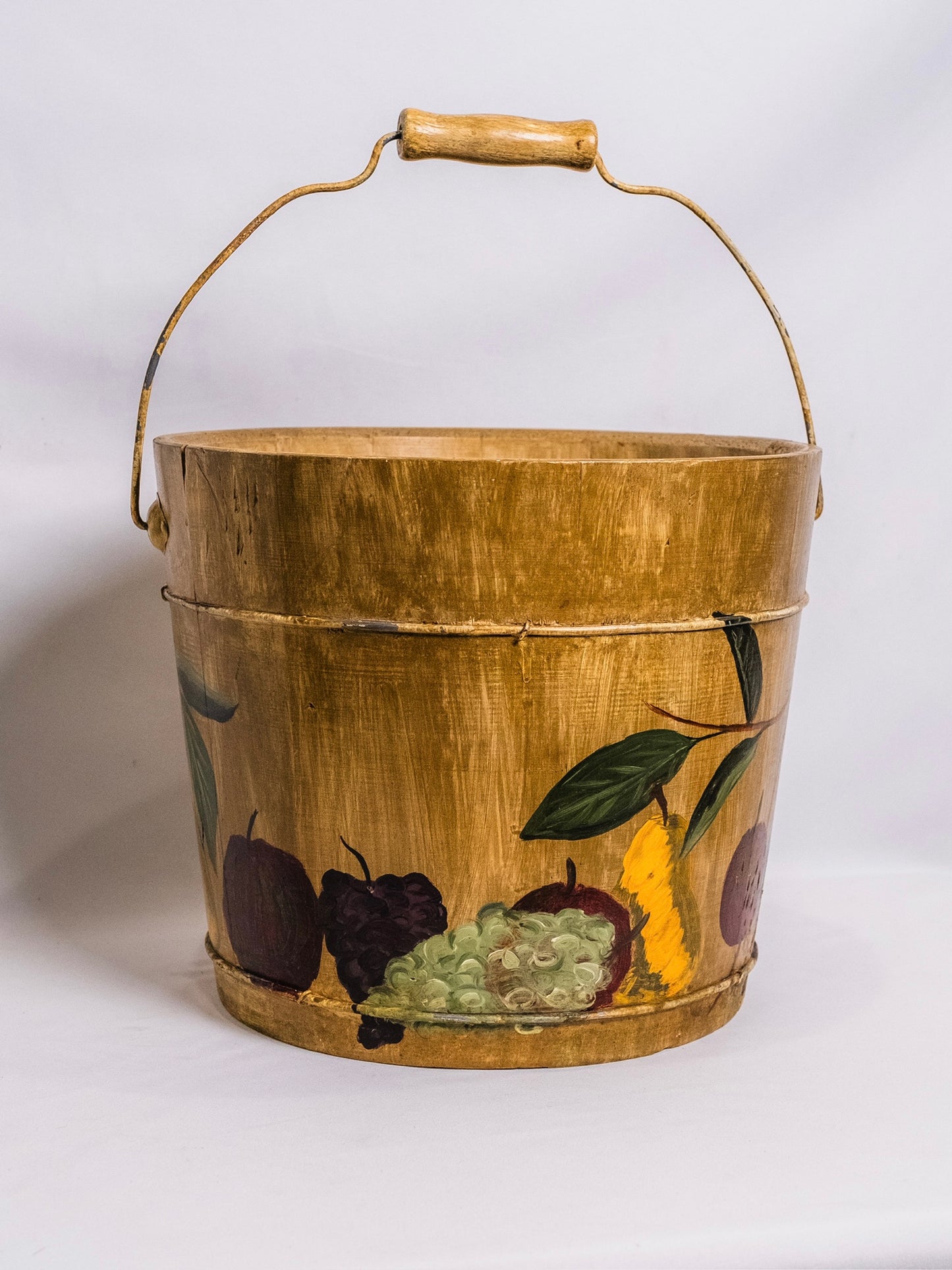 Vintage 1960s Handmade & Hand-Painted Tole Pattern Primitive Bucket w/ Handle