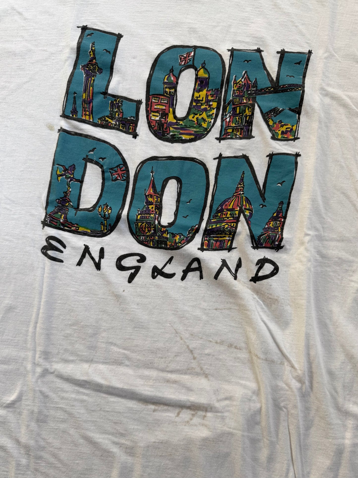 Vintage 1980s White Distressed London England Graphic Tee | XL