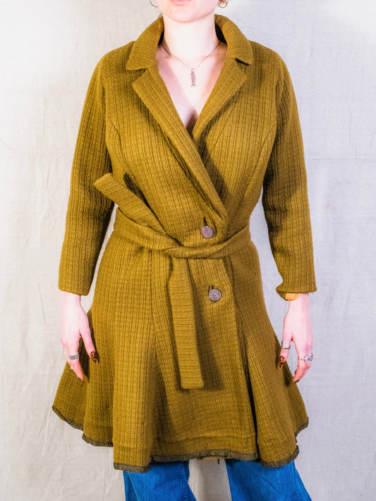 Vintage 1960s The Parisian Olive Green Wool Belted Wrap Coat | Small