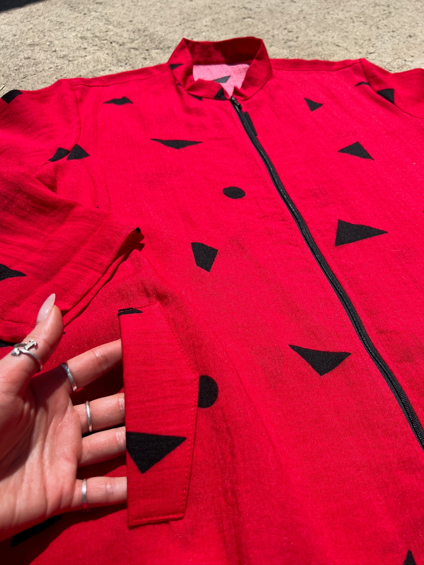 Fridaze Red Geometric Pattern Zip-Up Linen Jacket | L/XL
