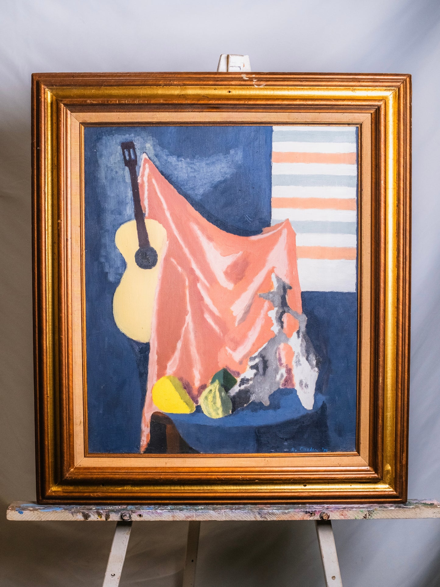 Framed Abstract "Guitar and Fruit" Still Life Oil on Canvas Painting