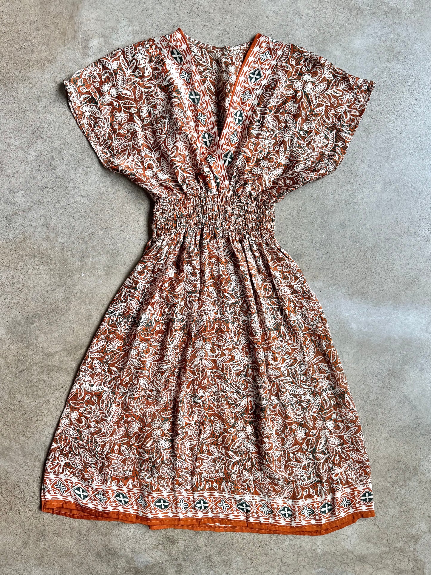 Vintage Burnt Orange Floral Bohemian-Style 100% Silk V-Neck Dress | S/M