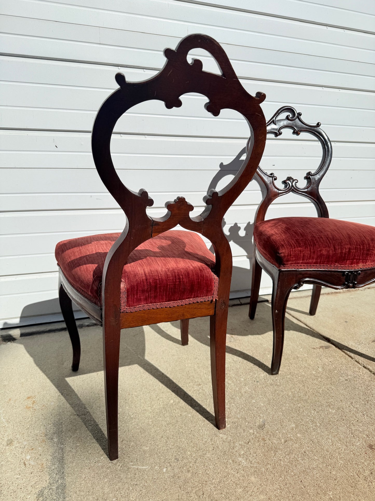 Antique 1900s Red Velvet Carved Rosewood Balloon Back Chairs | Set of 2