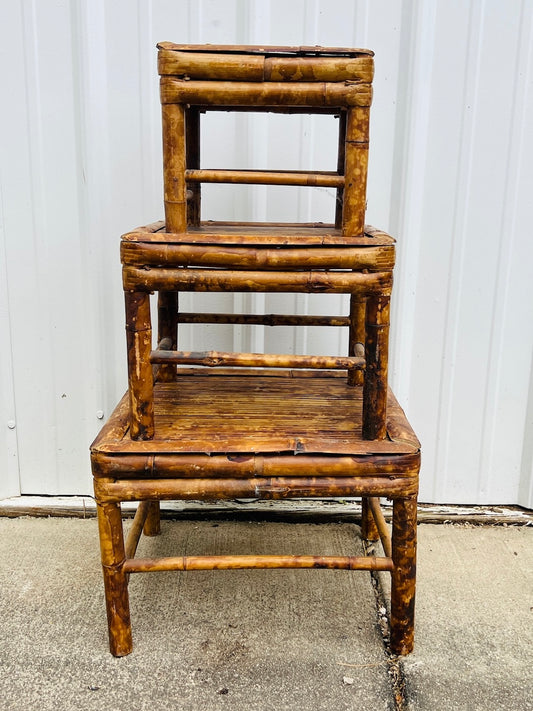 Vintage 1950s Tortoise Bamboo Planter Stools | Set of 3