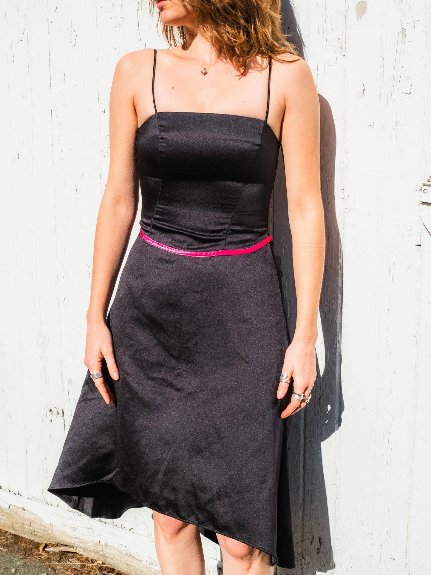 Vintage 1990s City Triangles Black & Pink Satin Asymmetric Party Dress | XS
